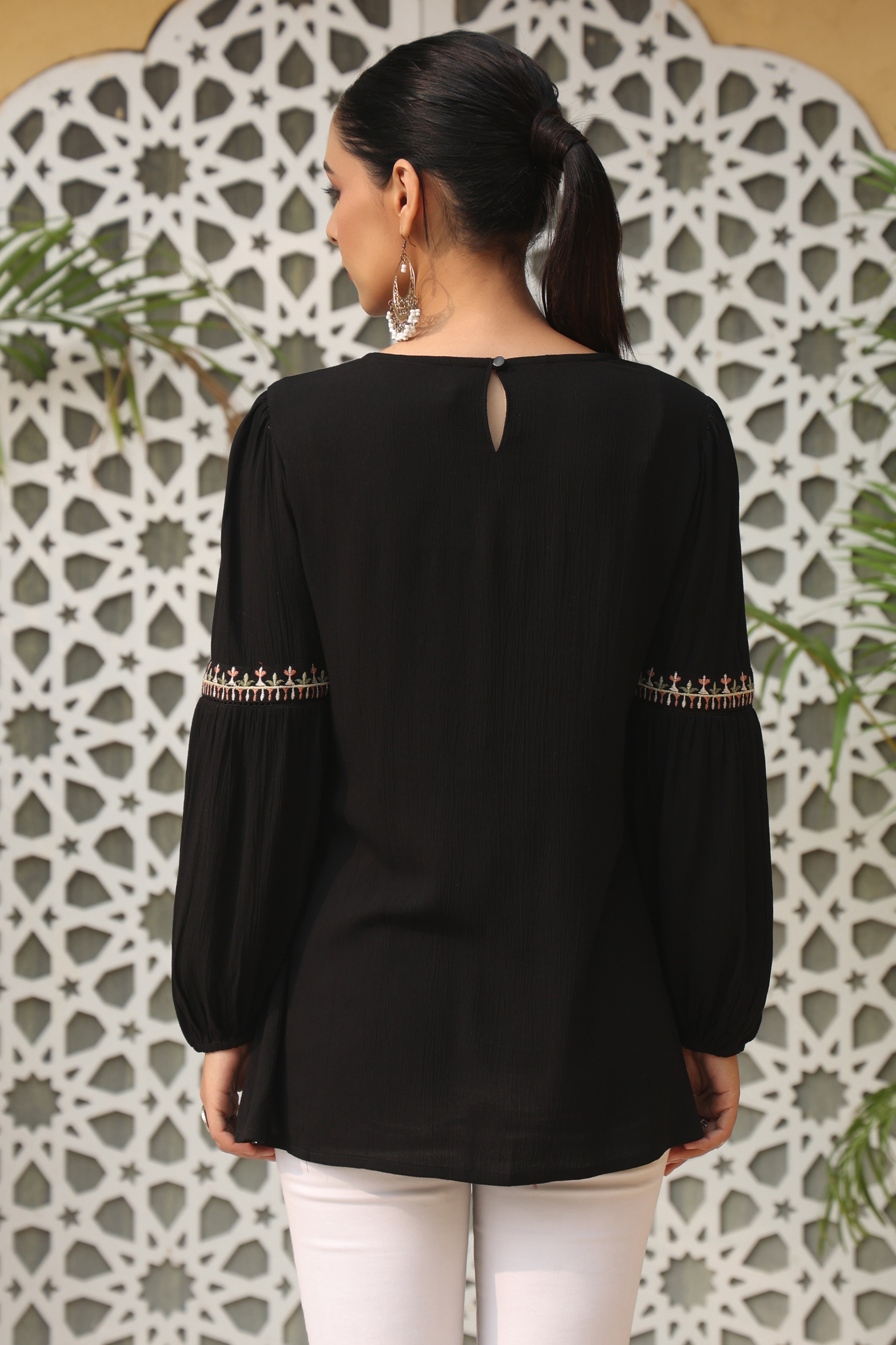 Juniper Women's Black Rayon Crepe Solid With Embroidered Flared Tunic