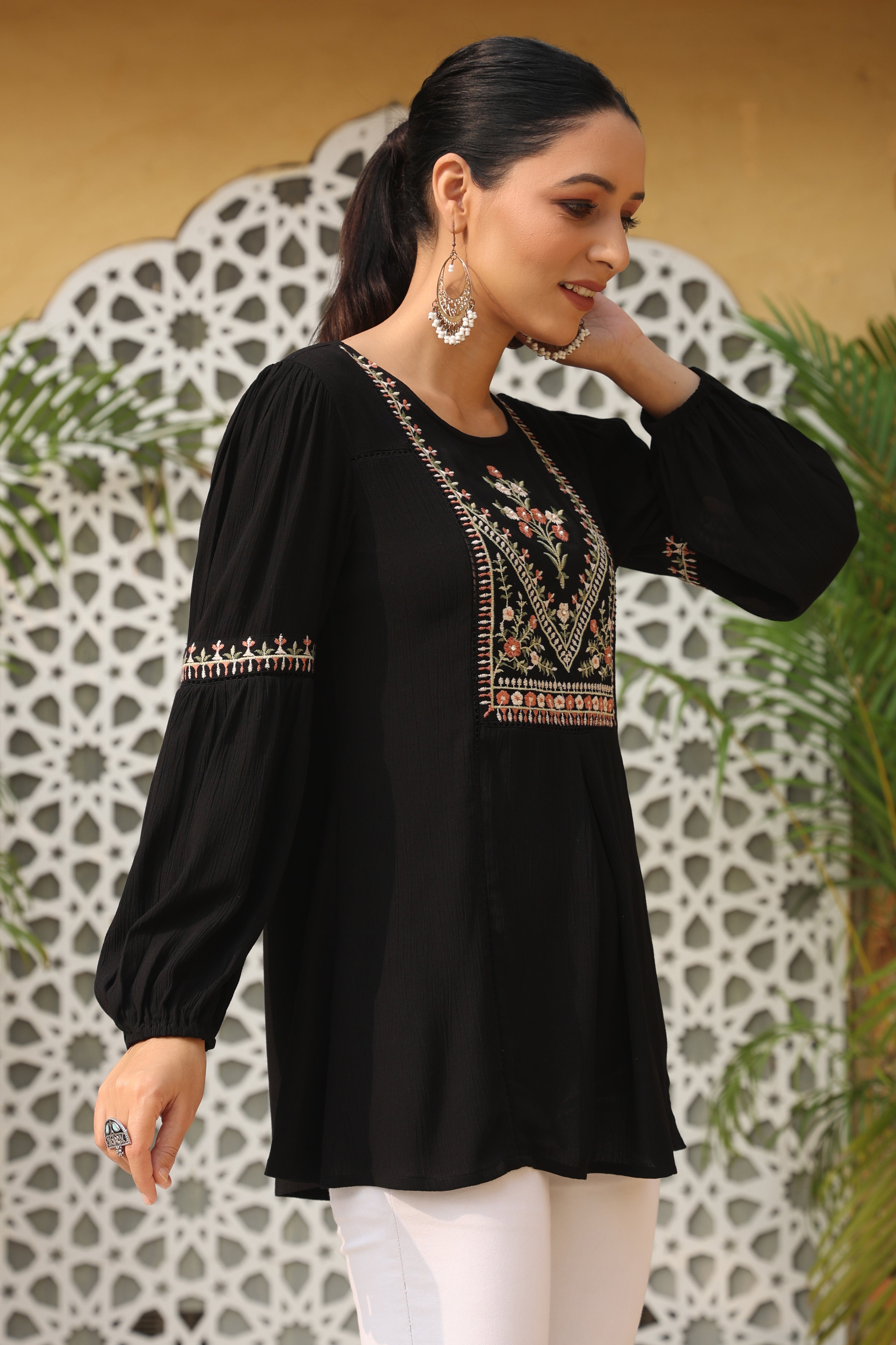 Juniper Women's Black Rayon Crepe Solid With Embroidered Flared Tunic