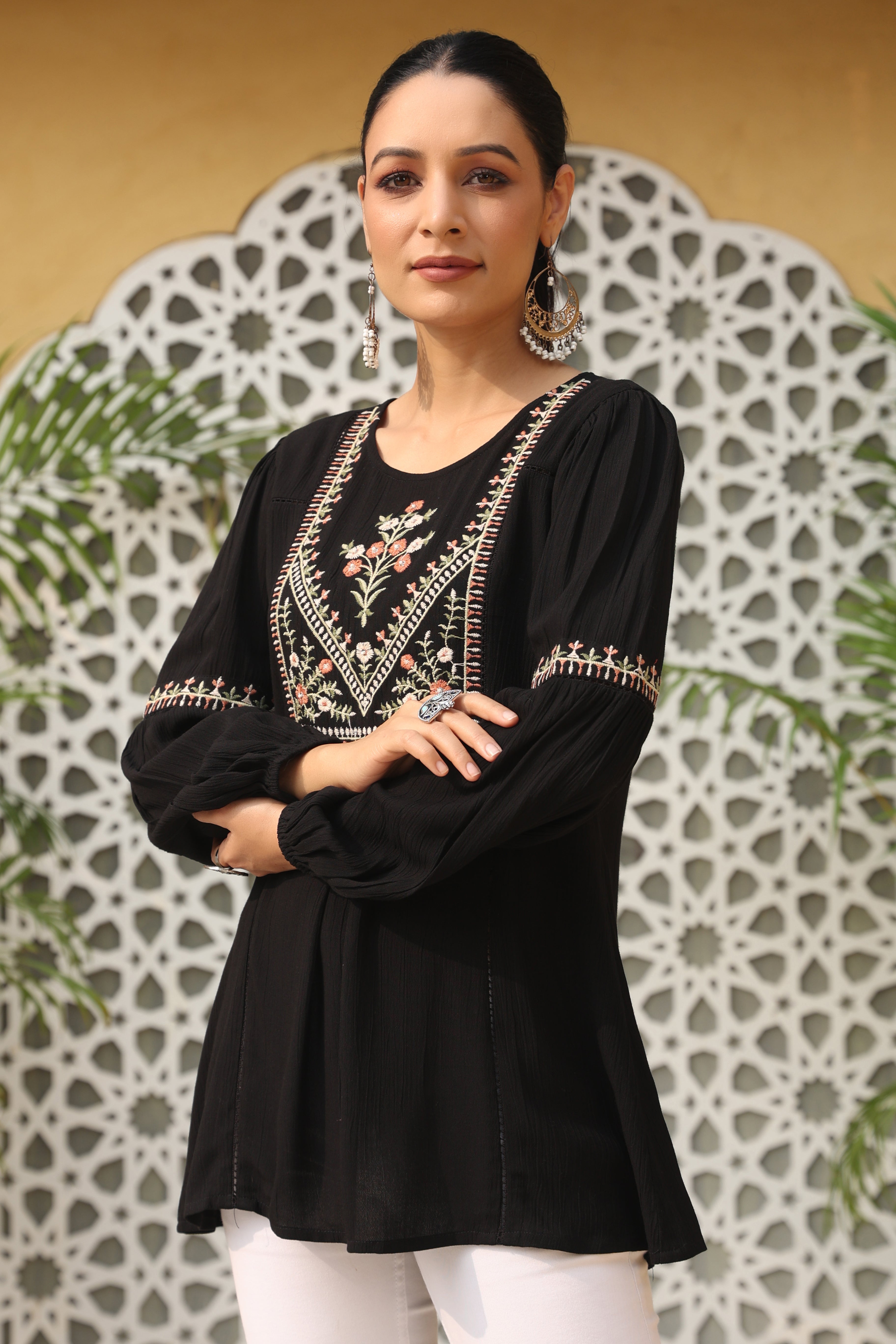 Juniper Women's Black Rayon Crepe Solid With Embroidered Flared Tunic