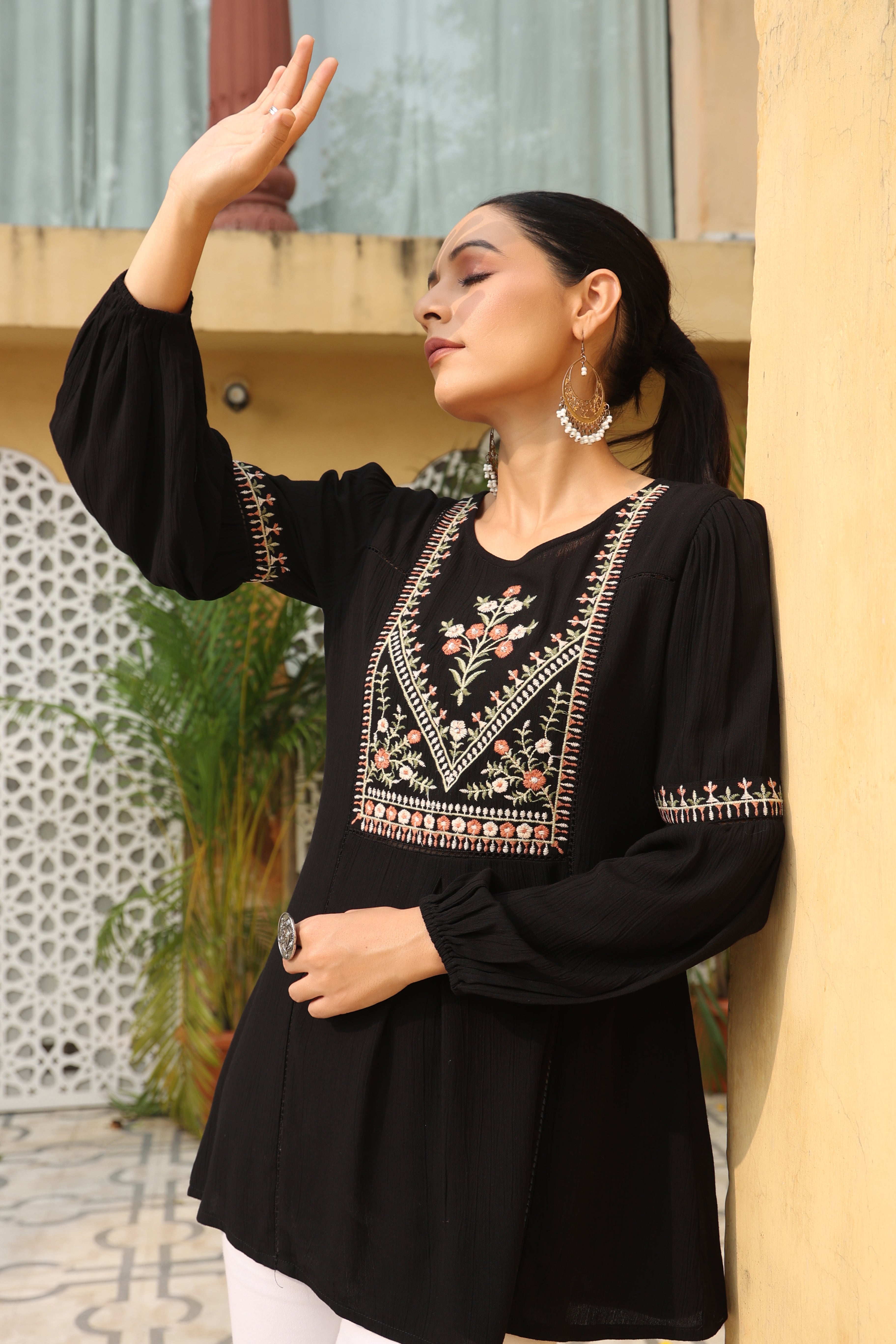 Juniper Women's Black Rayon Crepe Solid With Embroidered Flared Tunic