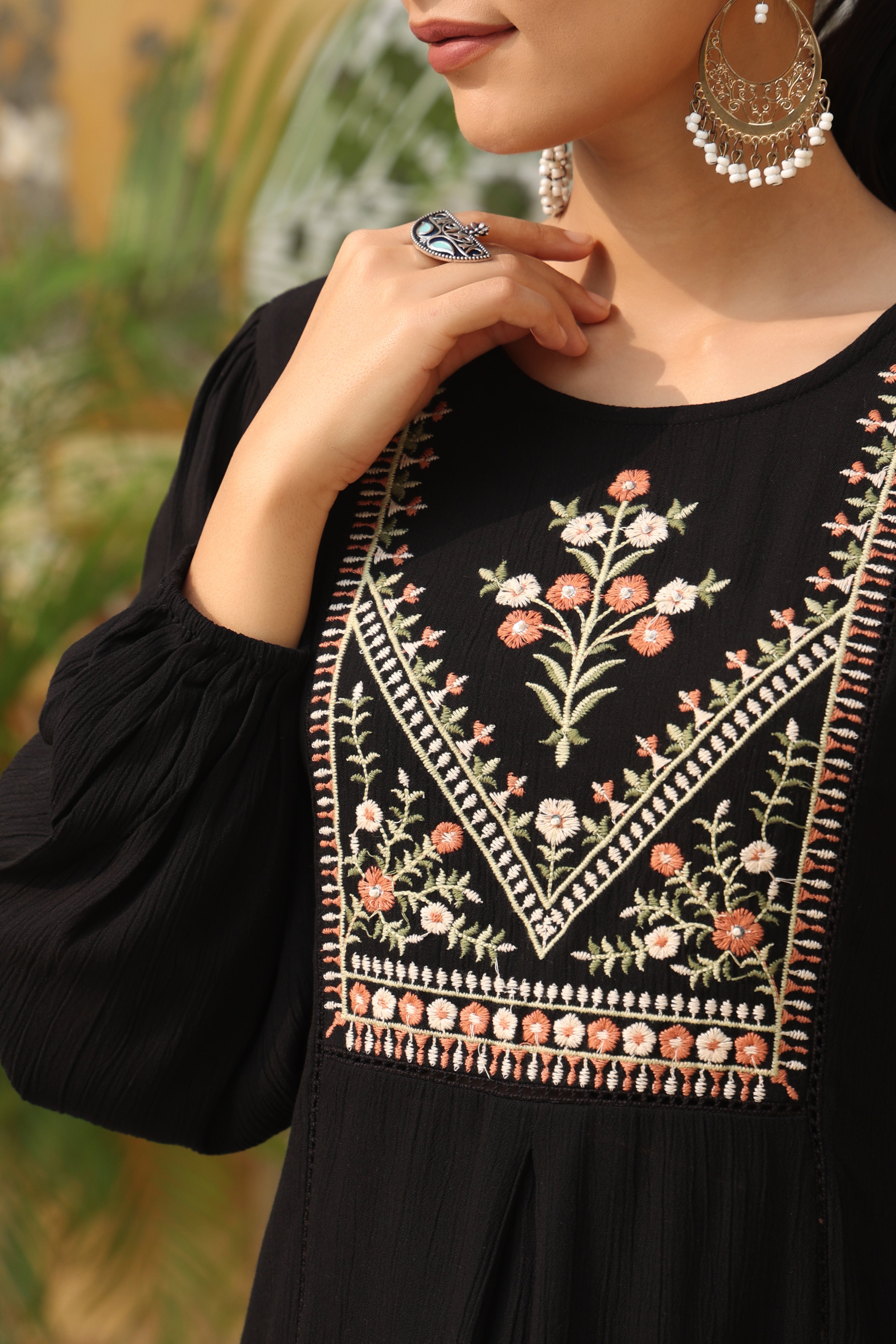 Juniper Women's Black Rayon Crepe Solid With Embroidered Flared Tunic