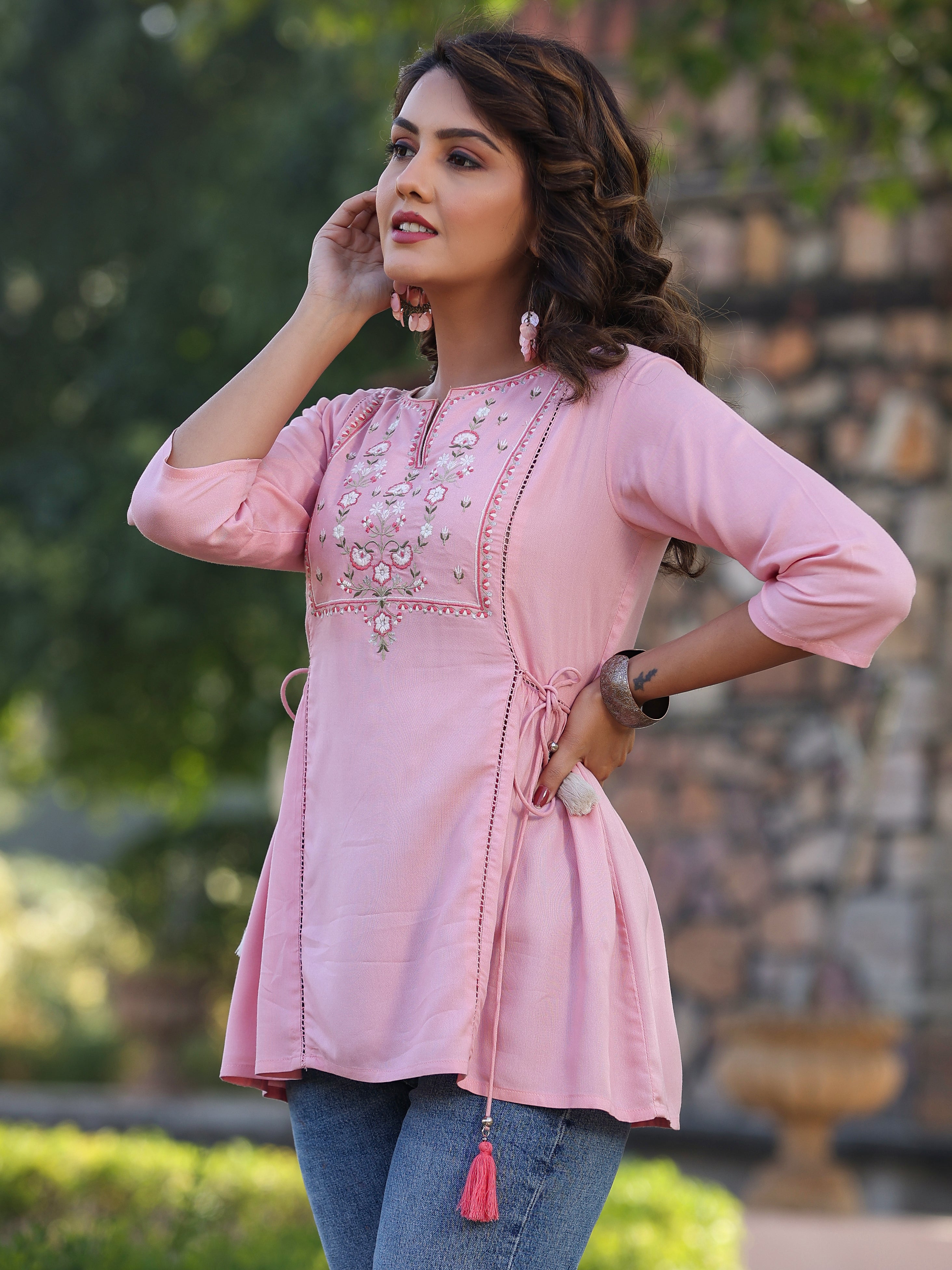 Juniper Women's Pink Rayon Staple Solid With Embroidered A-line Tunic