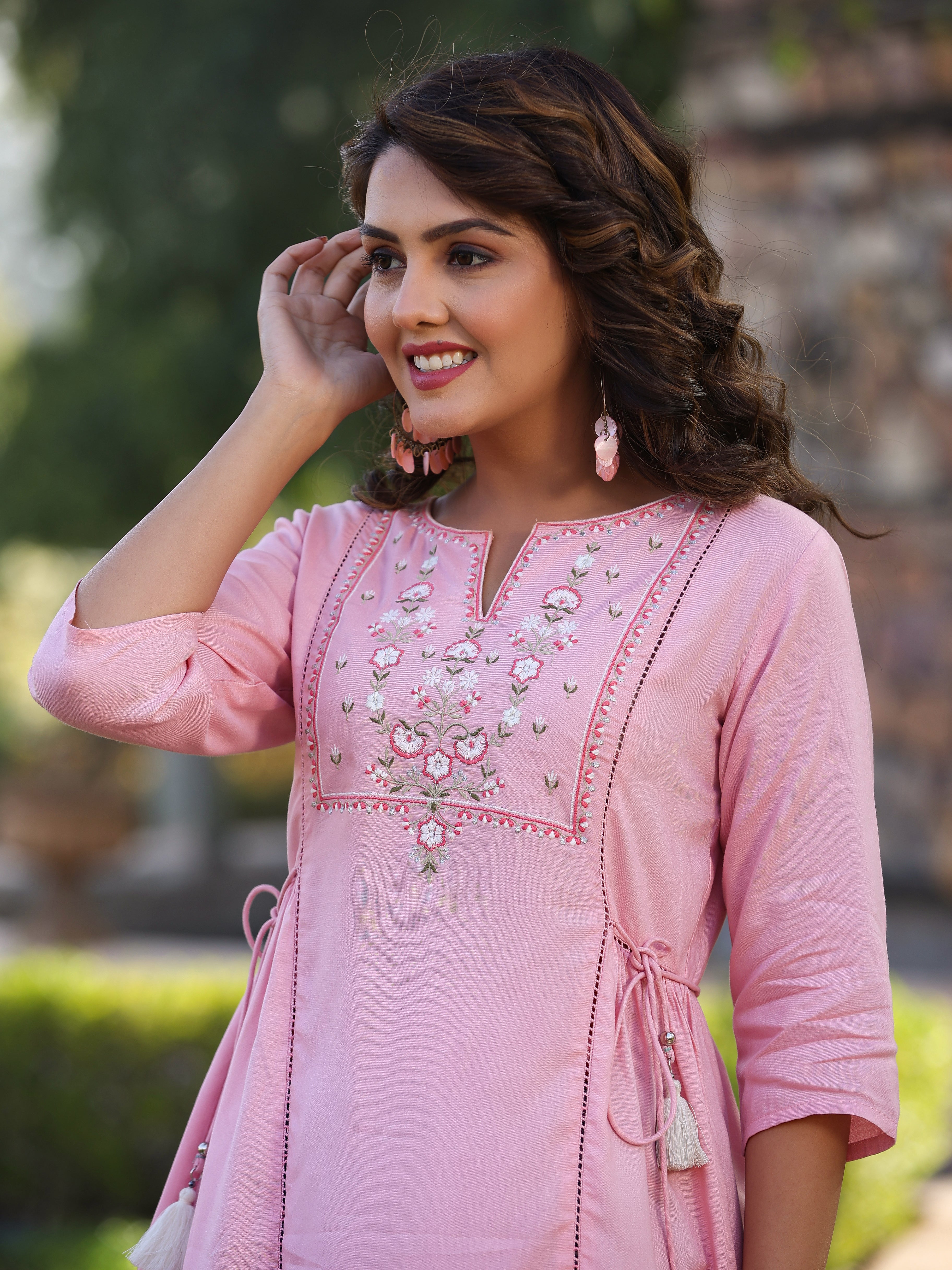 Juniper Women's Pink Rayon Staple Solid With Embroidered A-line Tunic