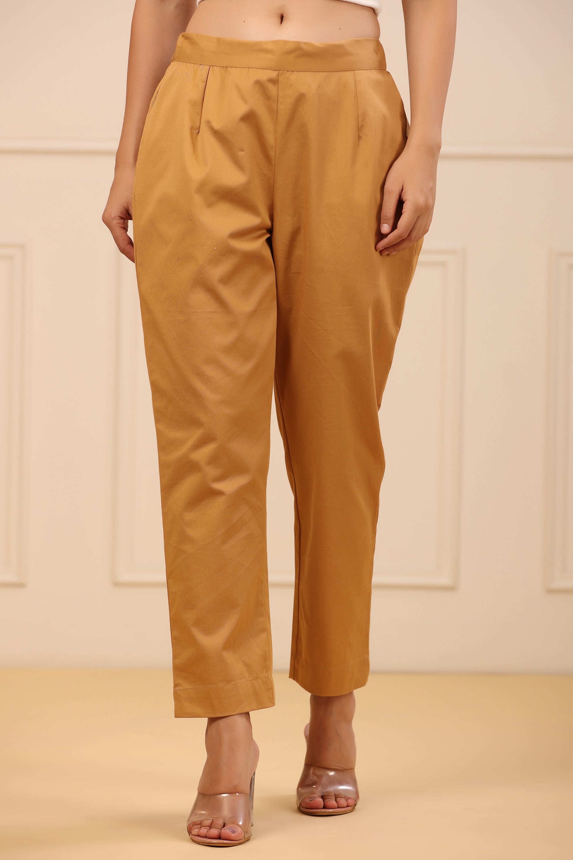 Juniper Gold Solid Slim Fit Cotton Pants With Partially Elasticated Waistband.