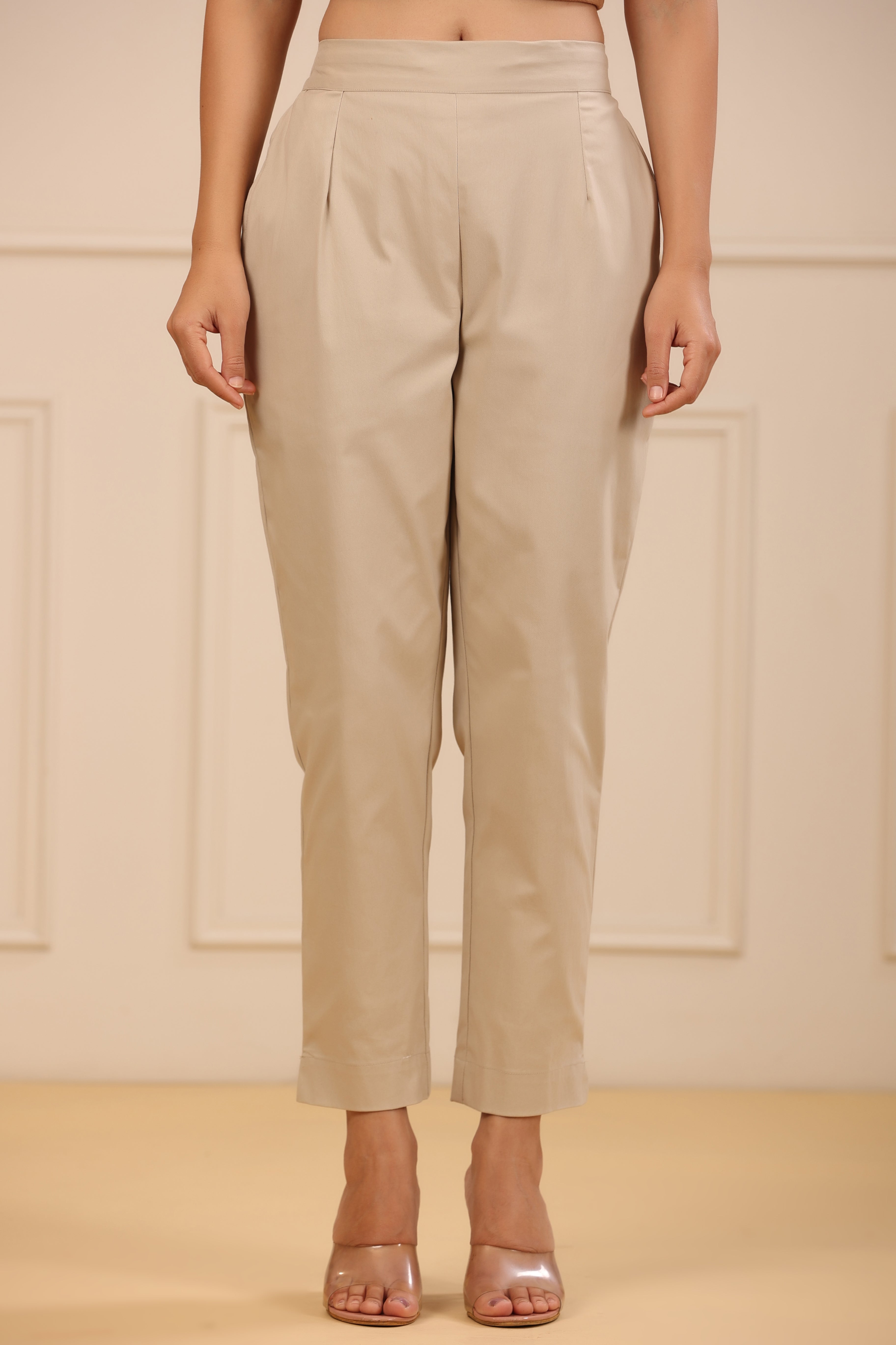 Juniper Women's Beige Cotton Spendex Solid Straight Pant/Slim Pant