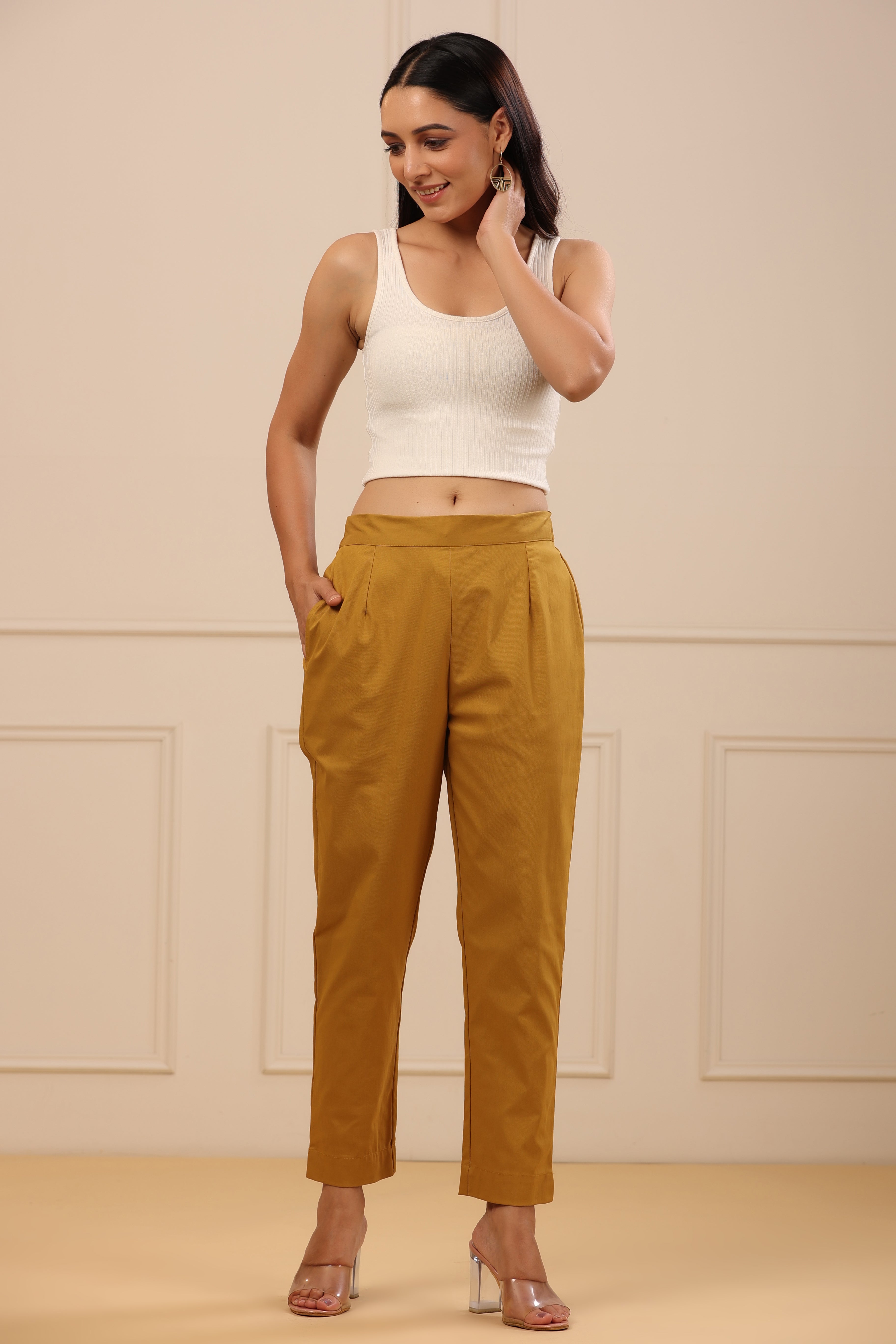 Juniper Mustard Spendex Solid Slim Fit Pants With Partially Elasticated Waistband