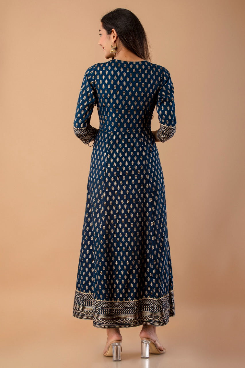 Juniper Navy Rayon Festive Wear Foil Printed A-Line Long Dress