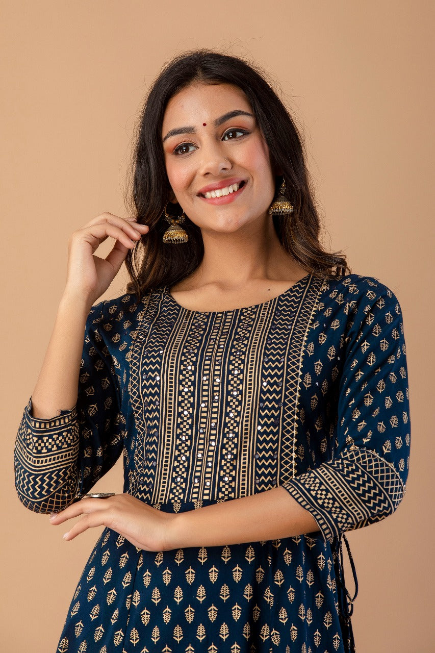 Juniper Navy Rayon Festive Wear Foil Printed A-Line Long Dress