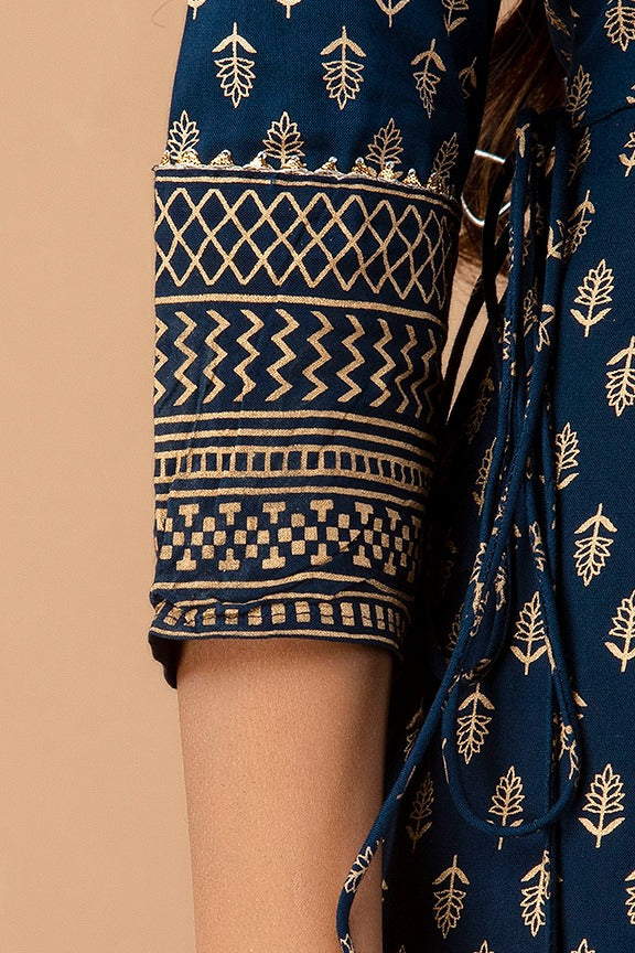 Juniper Navy Rayon Festive Wear Foil Printed A-Line Long Dress
