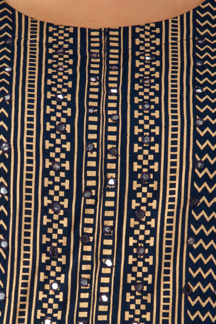 Juniper Navy Rayon Festive Wear Foil Printed A-Line Long Dress