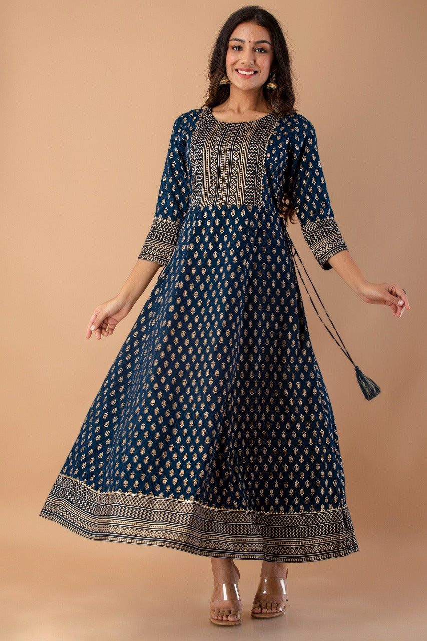 Juniper Navy Rayon Festive Wear Foil Printed A-Line Long Dress