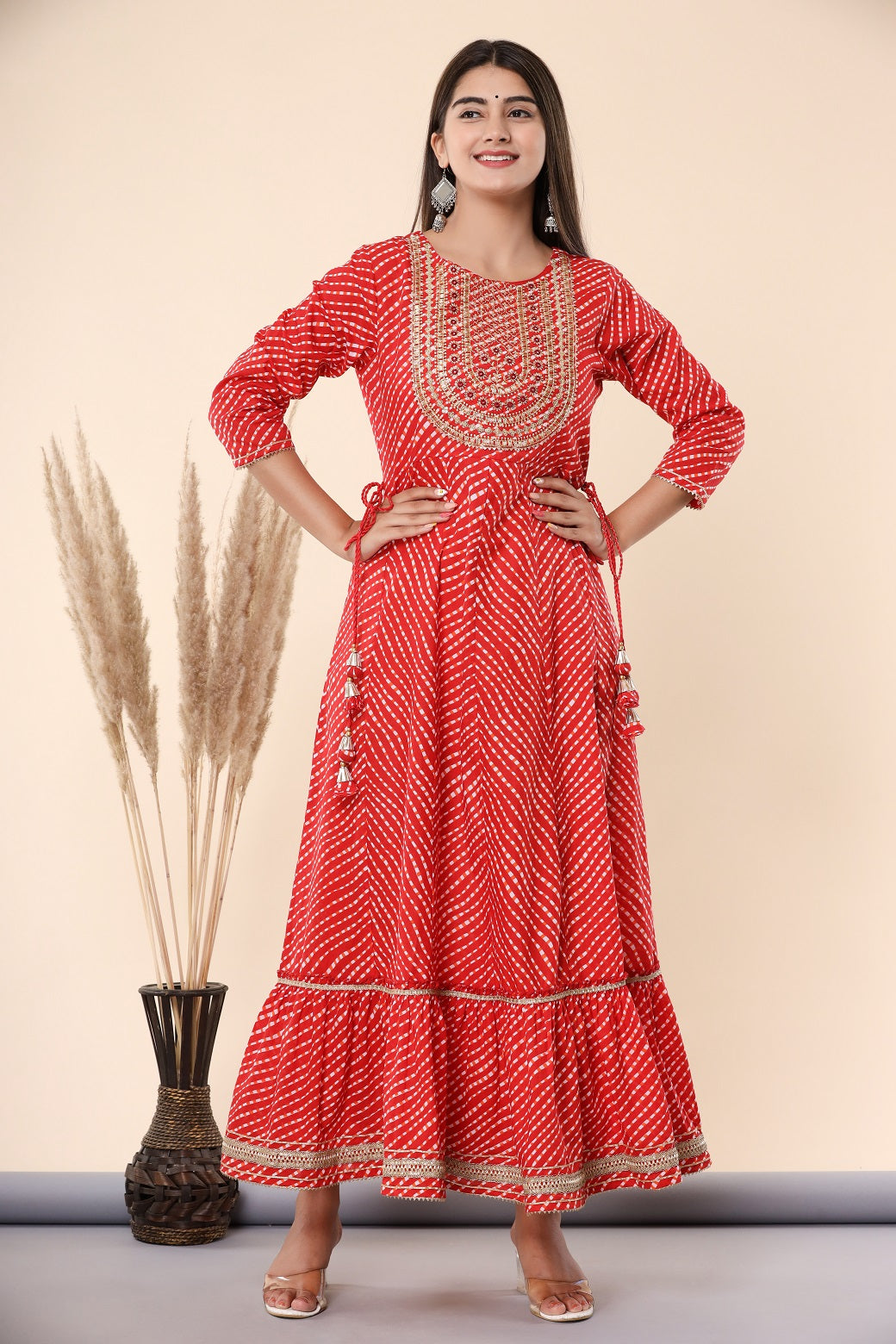 Juniper Women's Maroon Printed Embroidered Mirror Work Sequin Cotton Flared Dress