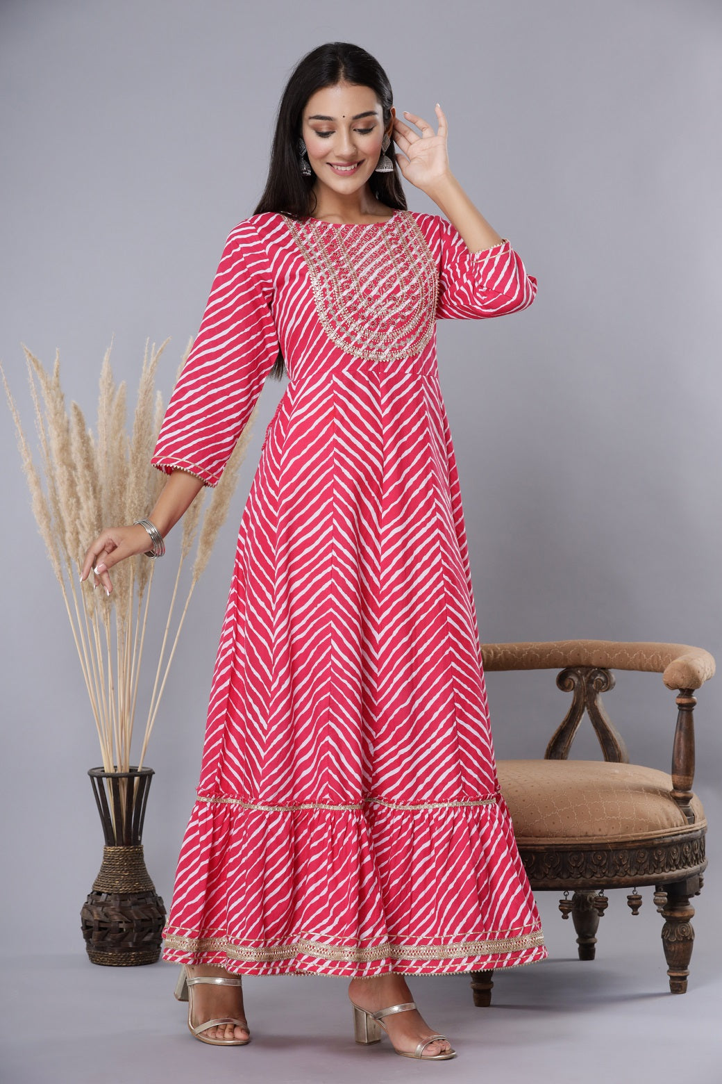 Juniper Women's Fuschia Printed Embroidered Mirror Work Sequin Cotton Flared Dress