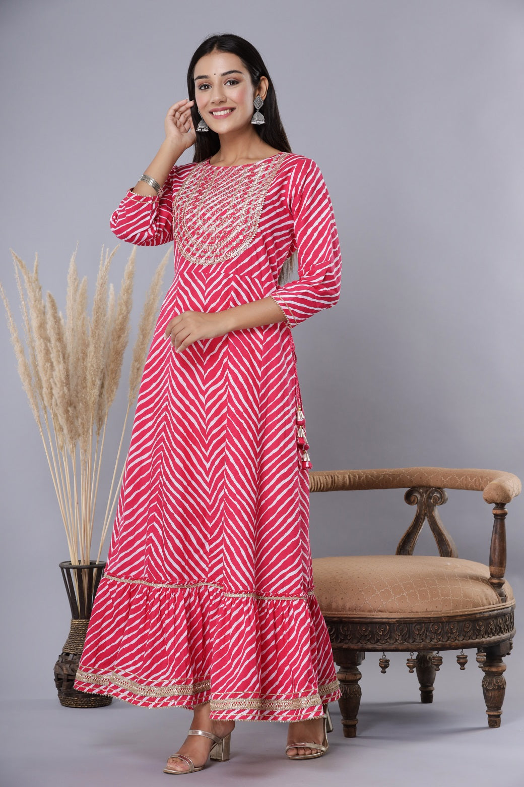 Juniper Women's Fuschia Printed Embroidered Mirror Work Sequin Cotton Flared Dress