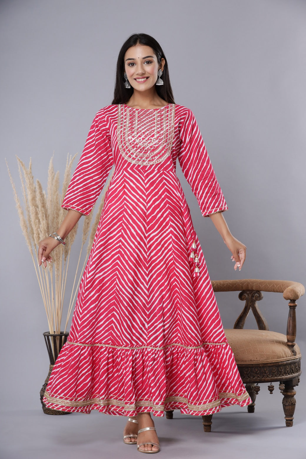 Juniper Women's Fuschia Printed Embroidered Mirror Work Sequin Cotton Flared Dress