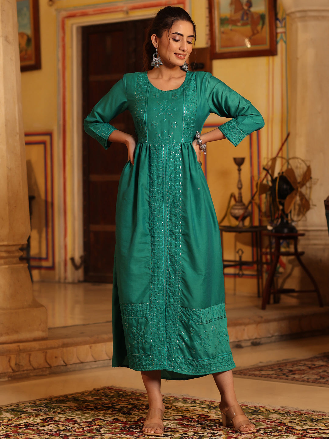 Juniper Women's Teal muslin embroidered dress