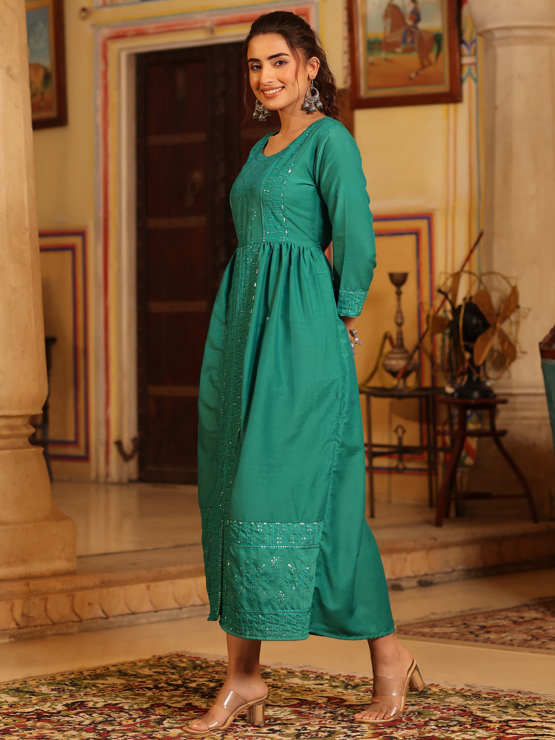 Juniper Women's Teal muslin embroidered dress