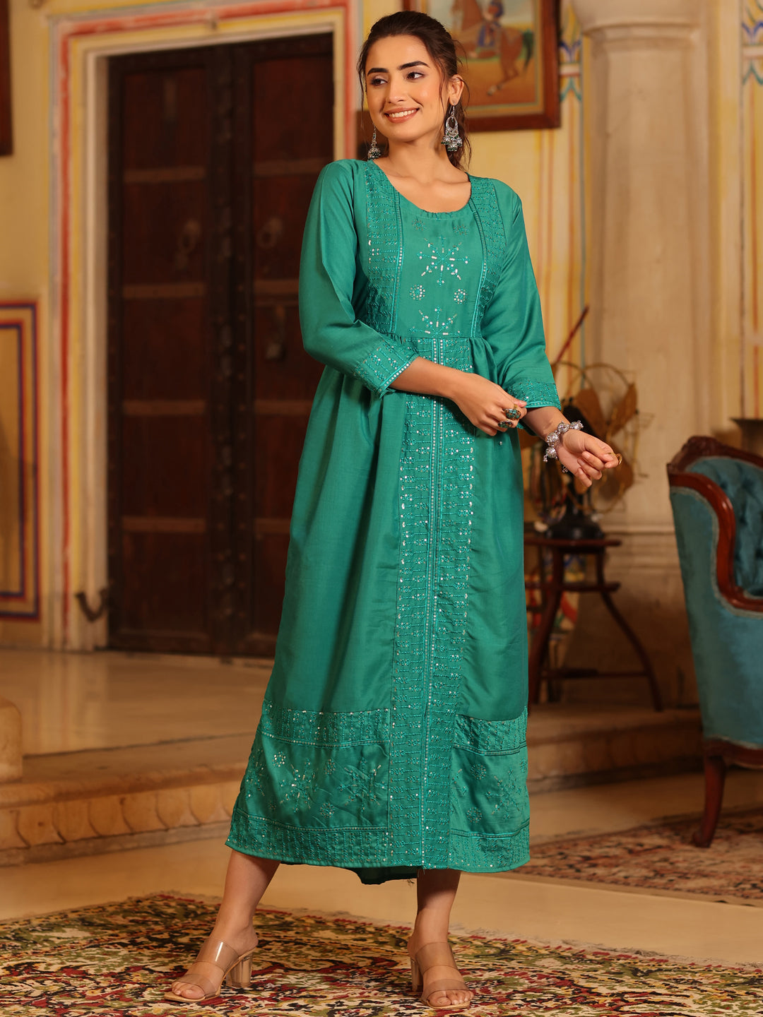 Juniper Women's Teal muslin embroidered dress