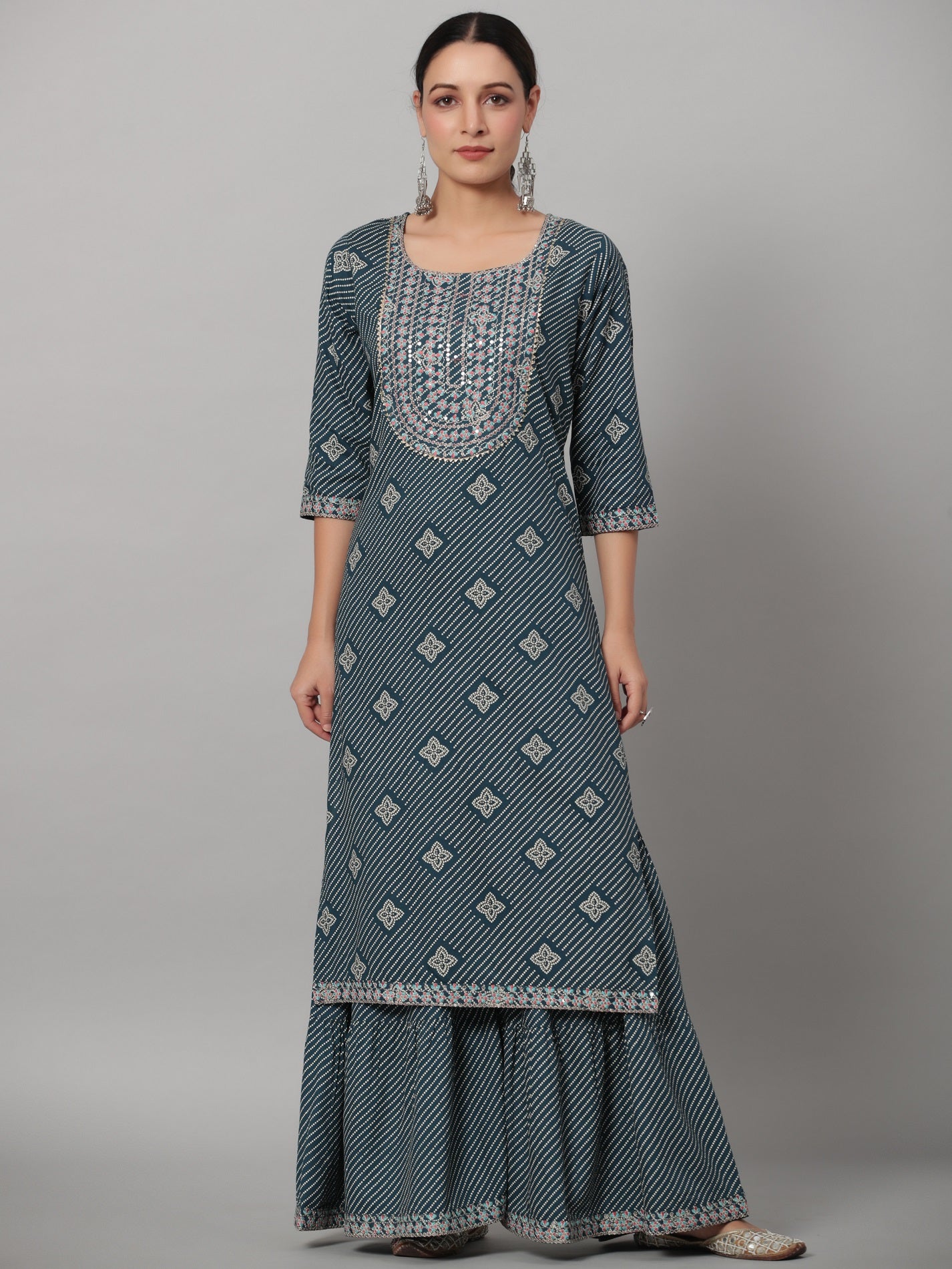 Juniper Women's Navy Rayon Staple Printed Straight Kurta Sharara Set