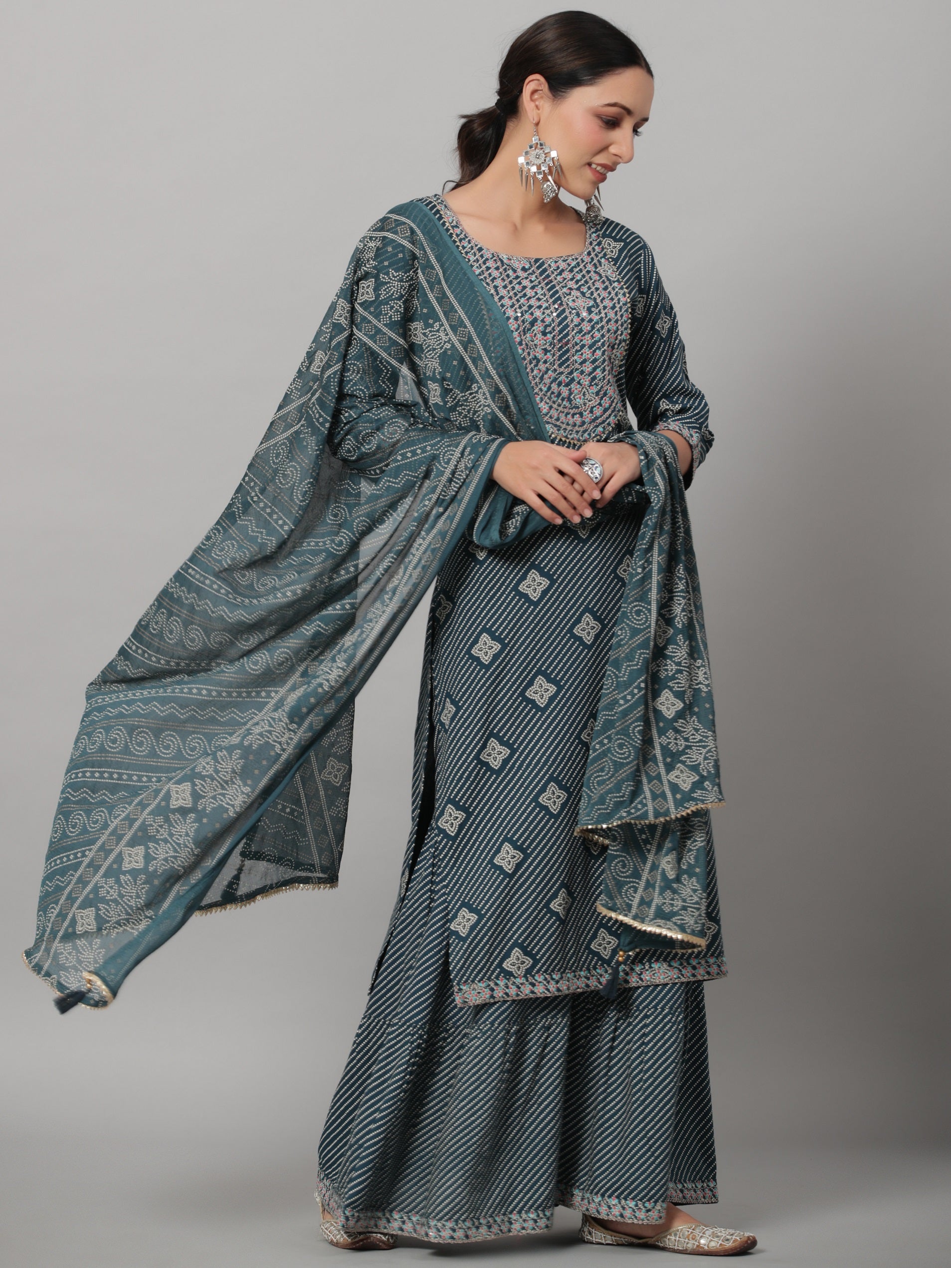 Juniper Women's Navy Rayon Staple Printed Straight Kurta Sharara Set