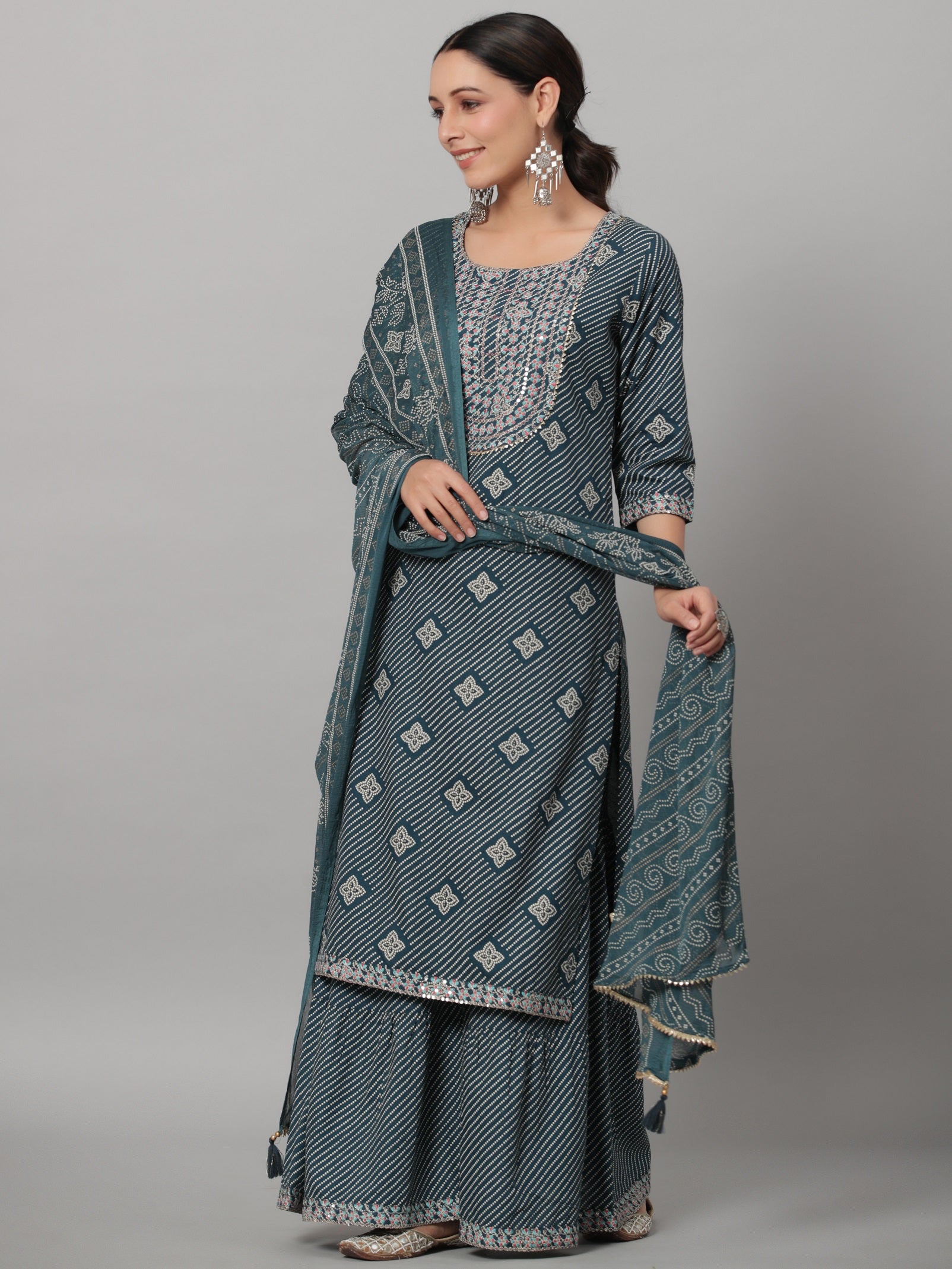 Juniper Women's Navy Rayon Staple Printed Straight Kurta Sharara Set