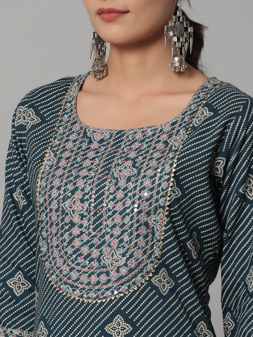 Juniper Women's Navy Rayon Staple Printed Straight Kurta Sharara Set