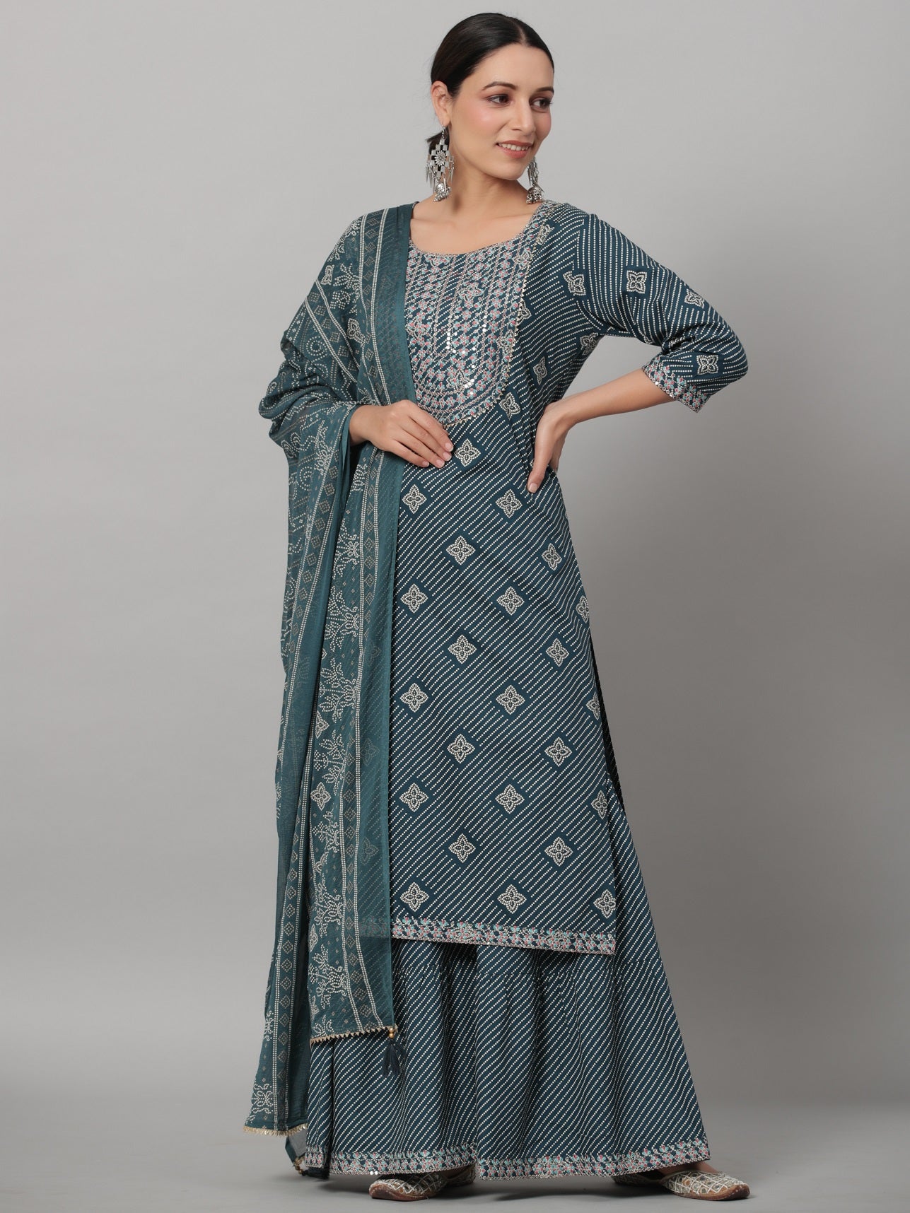 Juniper Women's Navy Rayon Staple Printed Straight Kurta Sharara Set
