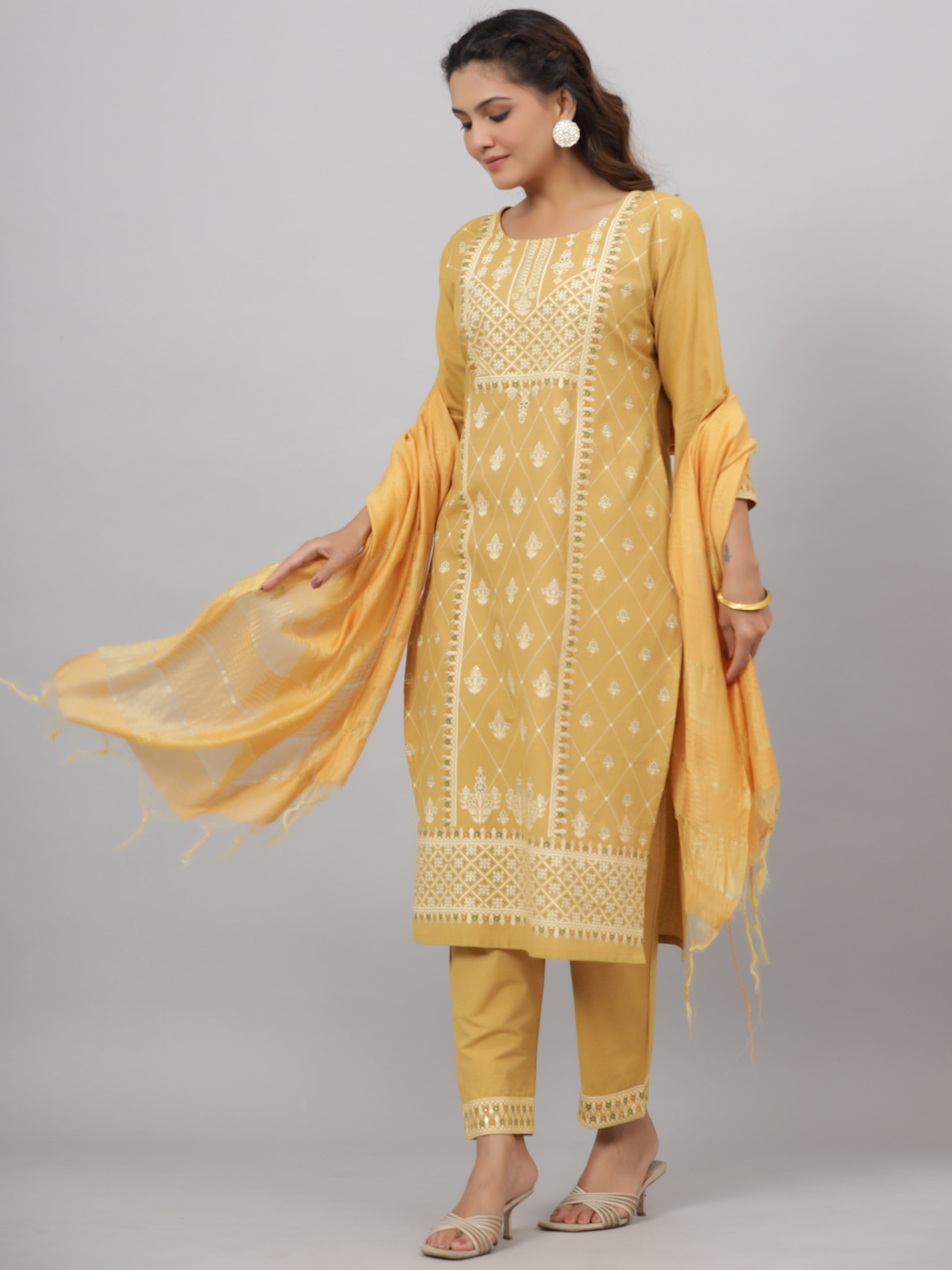 Juniper Women Mustard Cotton Printed Kurta Set