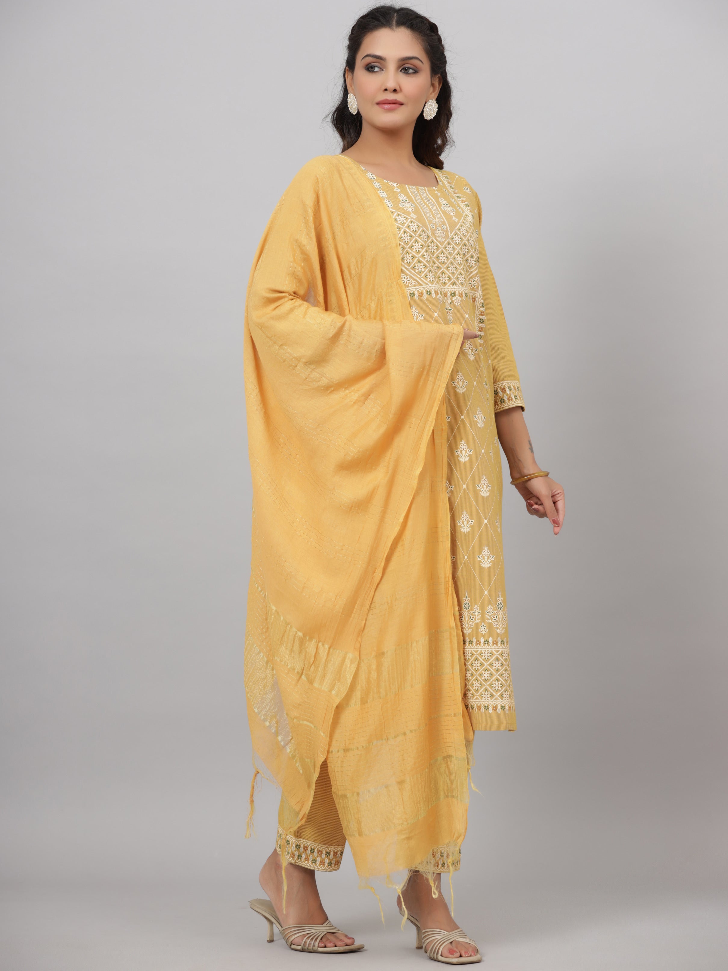 Juniper Women Mustard Cotton Printed Kurta Set