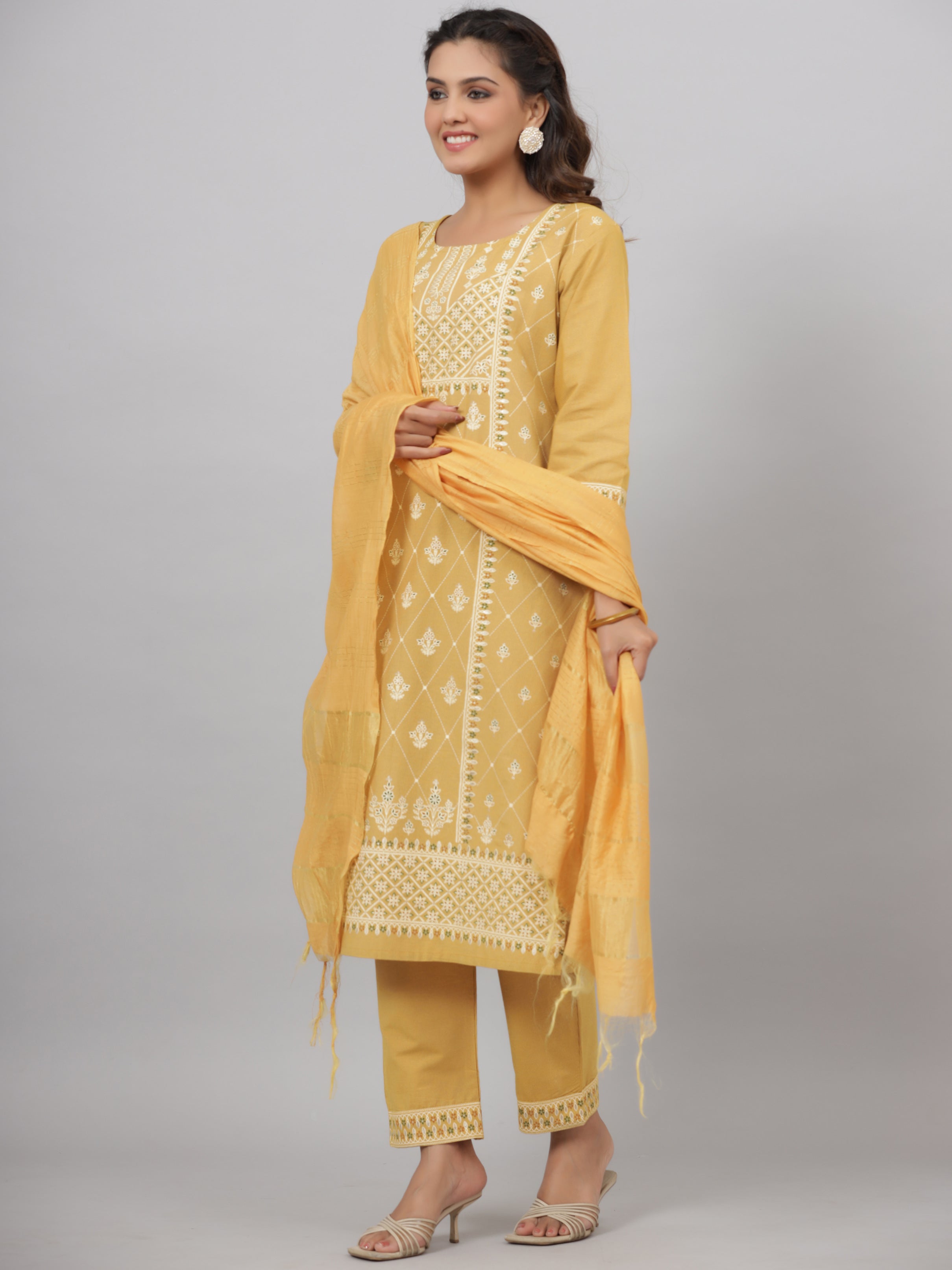 Juniper Women Mustard Cotton Printed Kurta Set