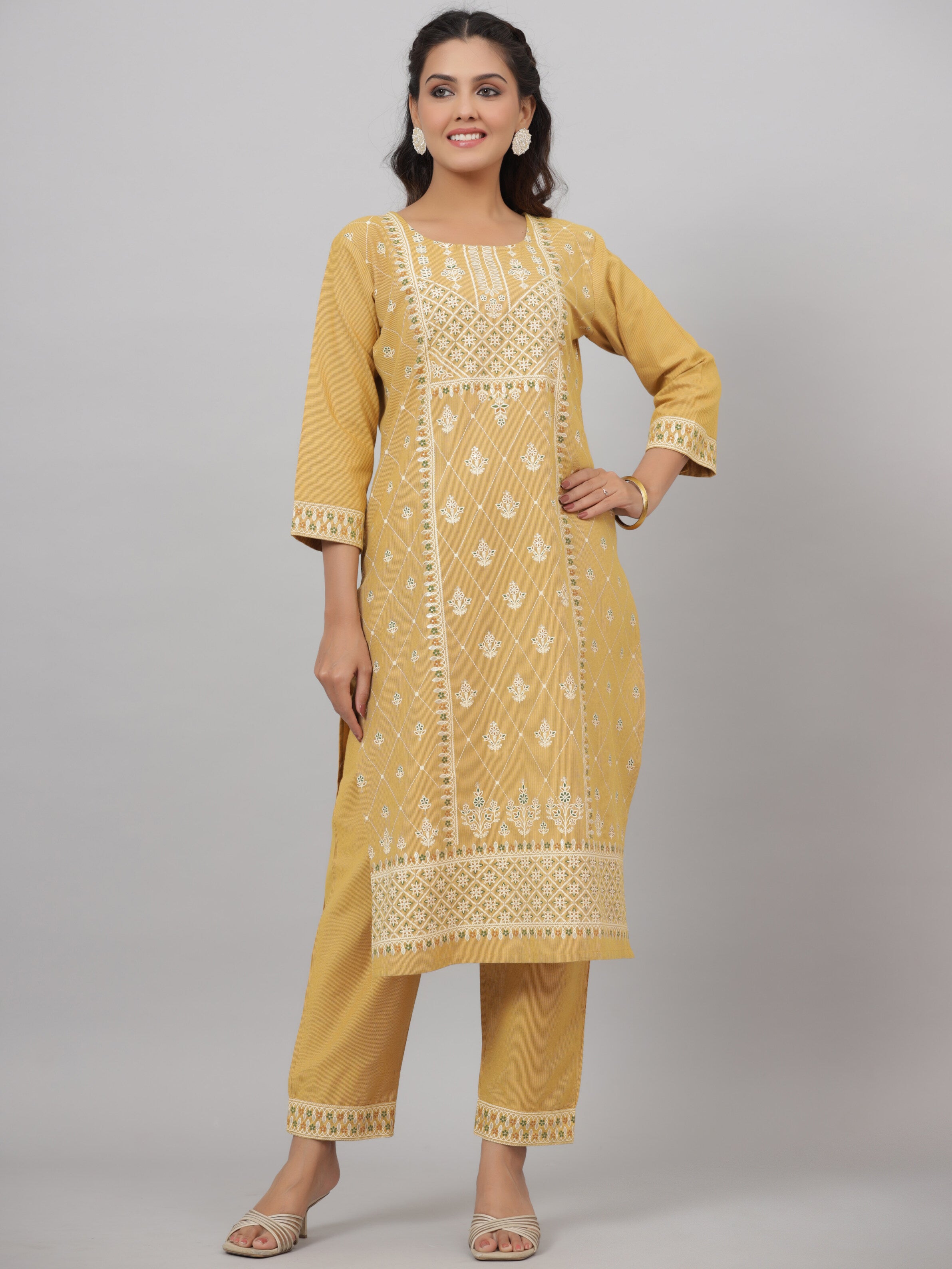 Juniper Women Mustard Cotton Printed Kurta Set