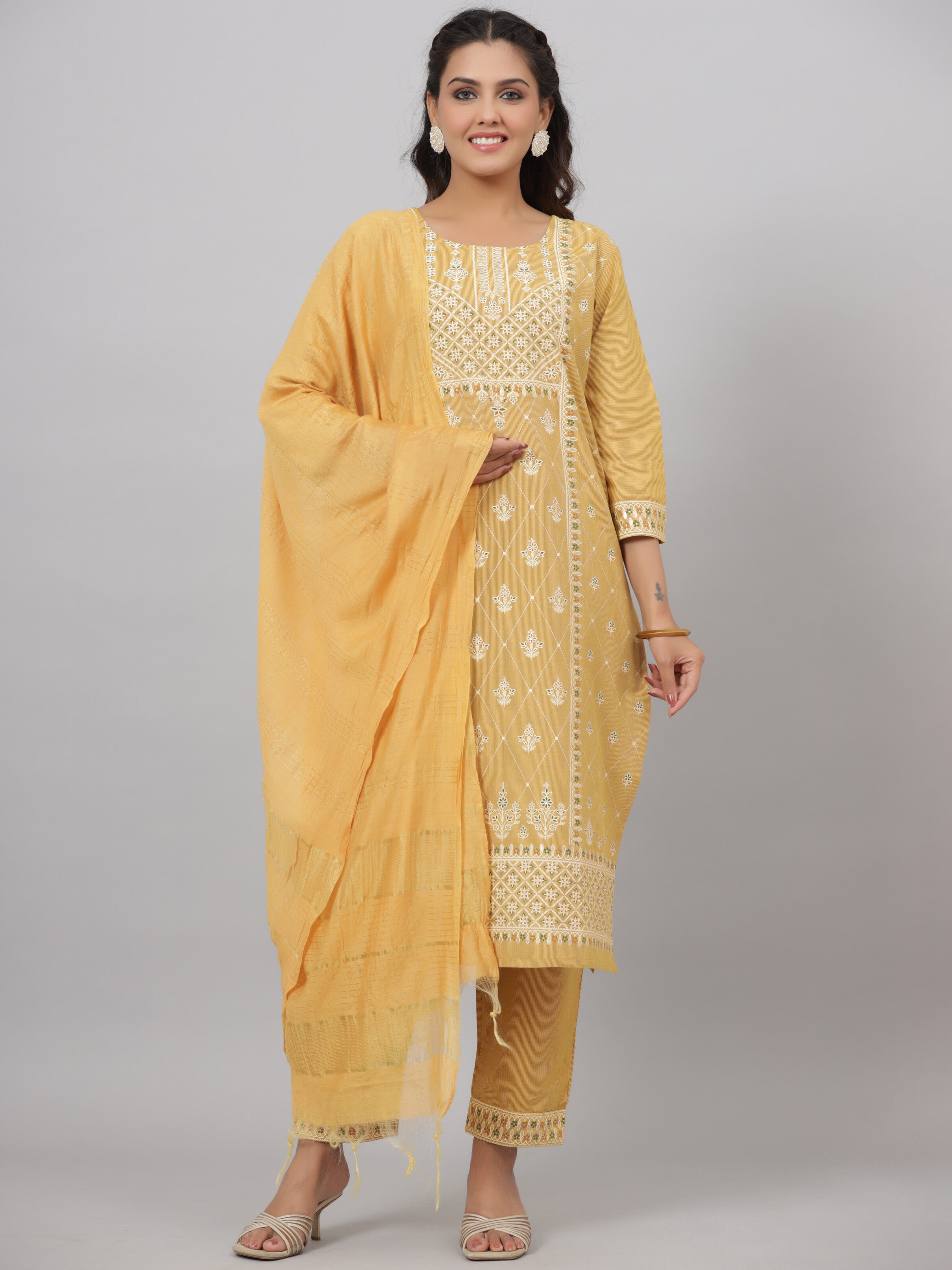 Juniper Women Mustard Cotton Printed Kurta Set