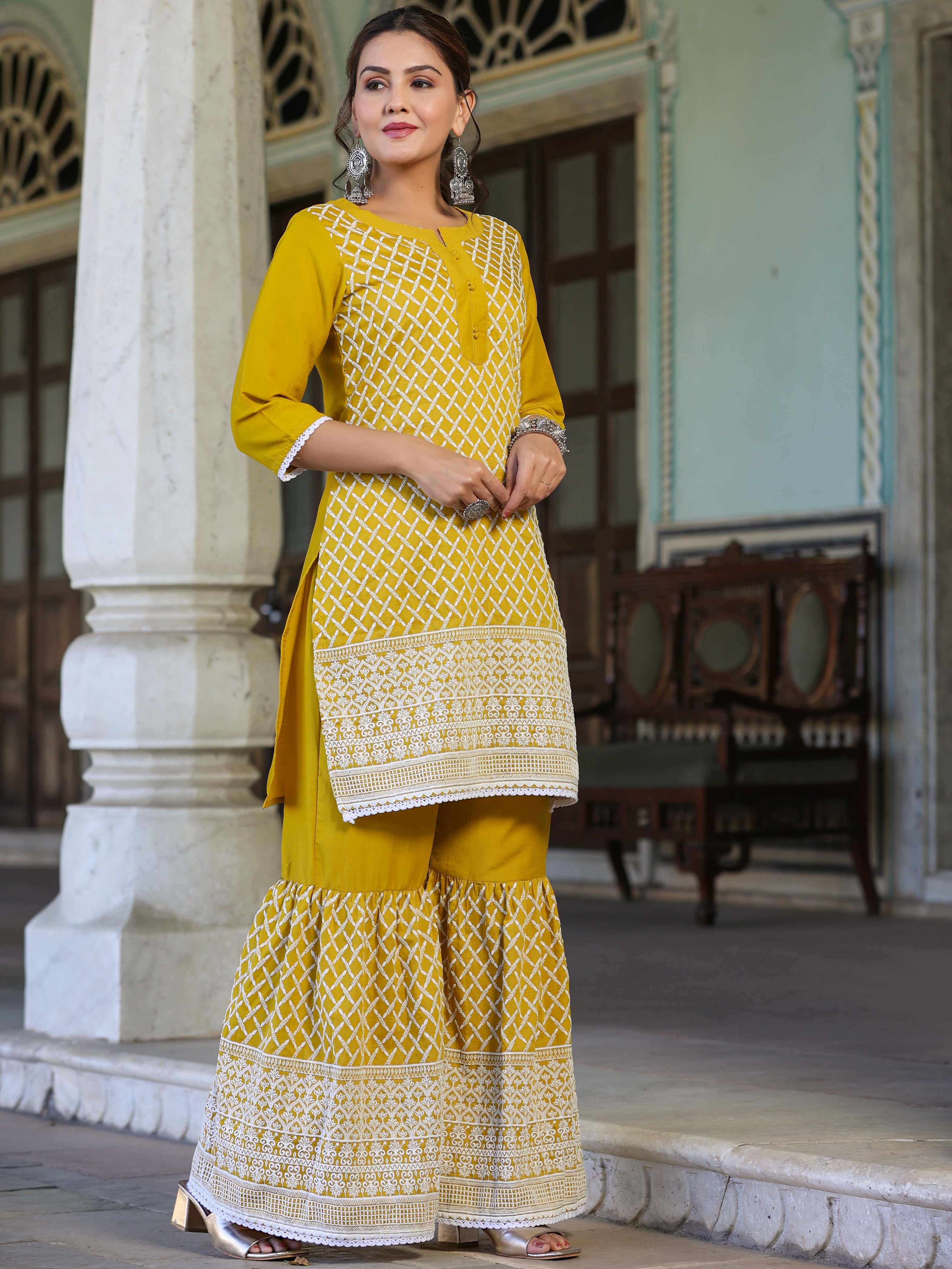 Juniper Women's Mustard Chinnon Embroidered Kurta & Gharara Set