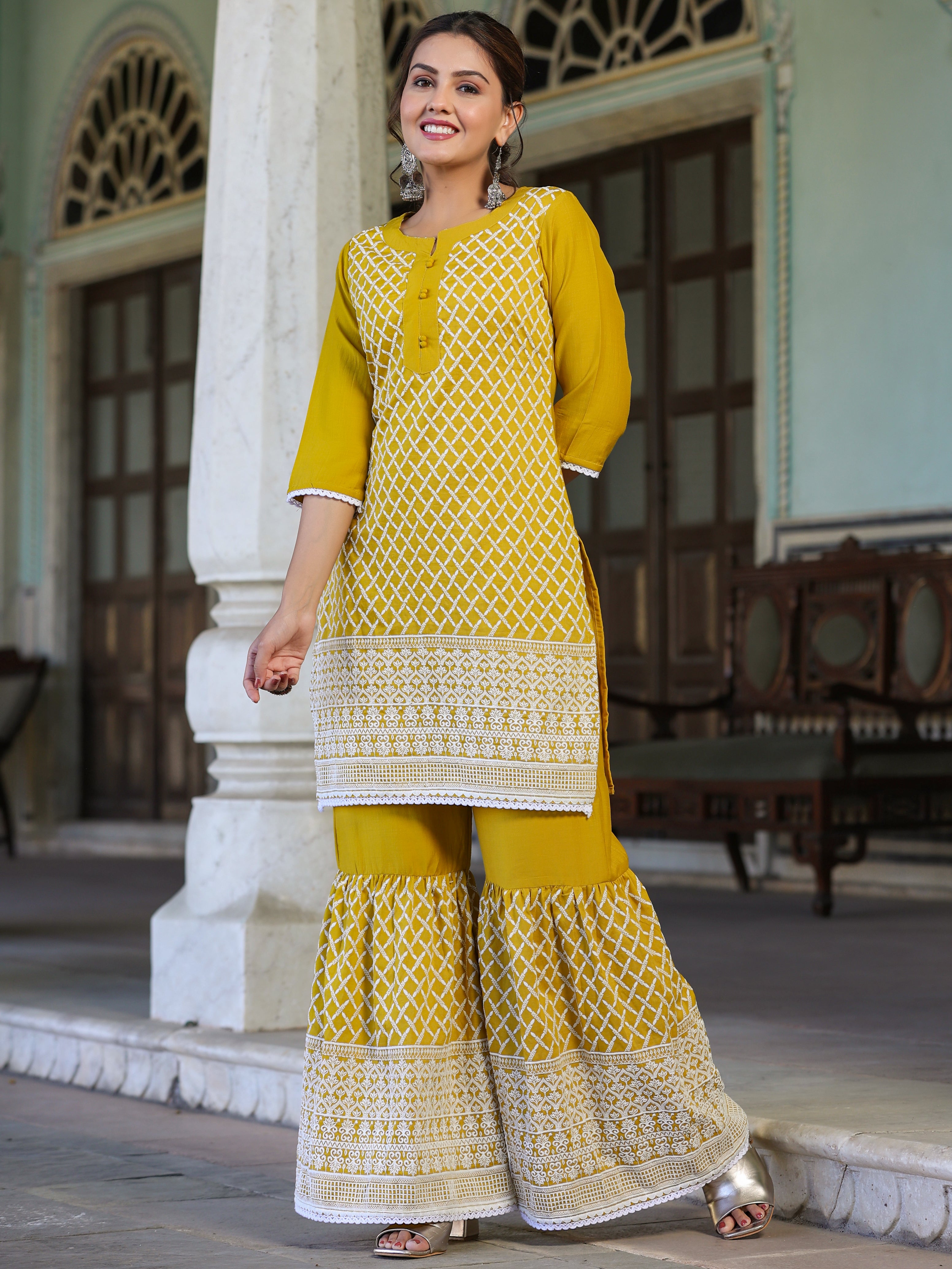 Juniper Women's Mustard Chinnon Embroidered Kurta & Gharara Set