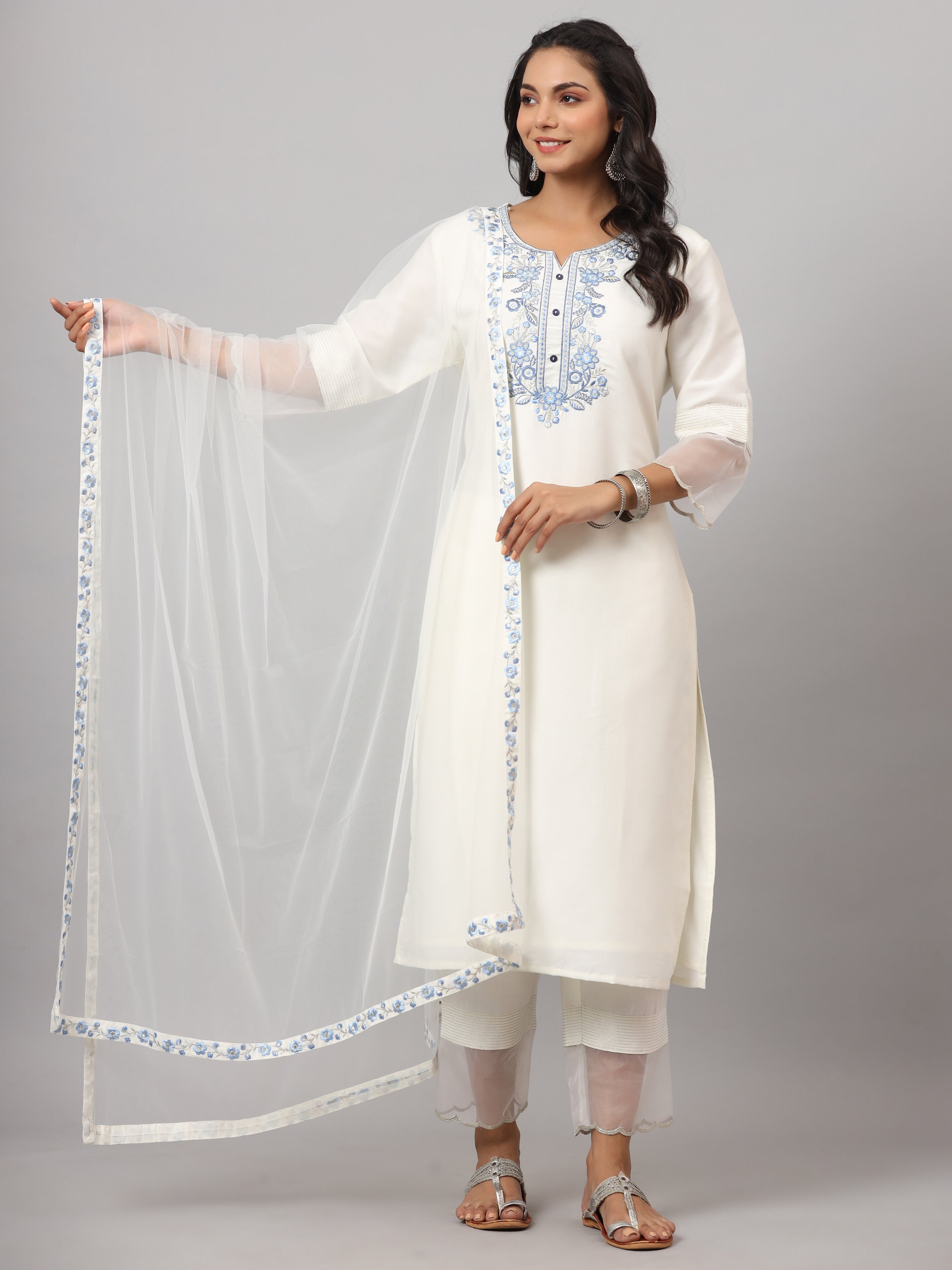 Juniper Women White Chinnon Solid Embroidered Kurta Set