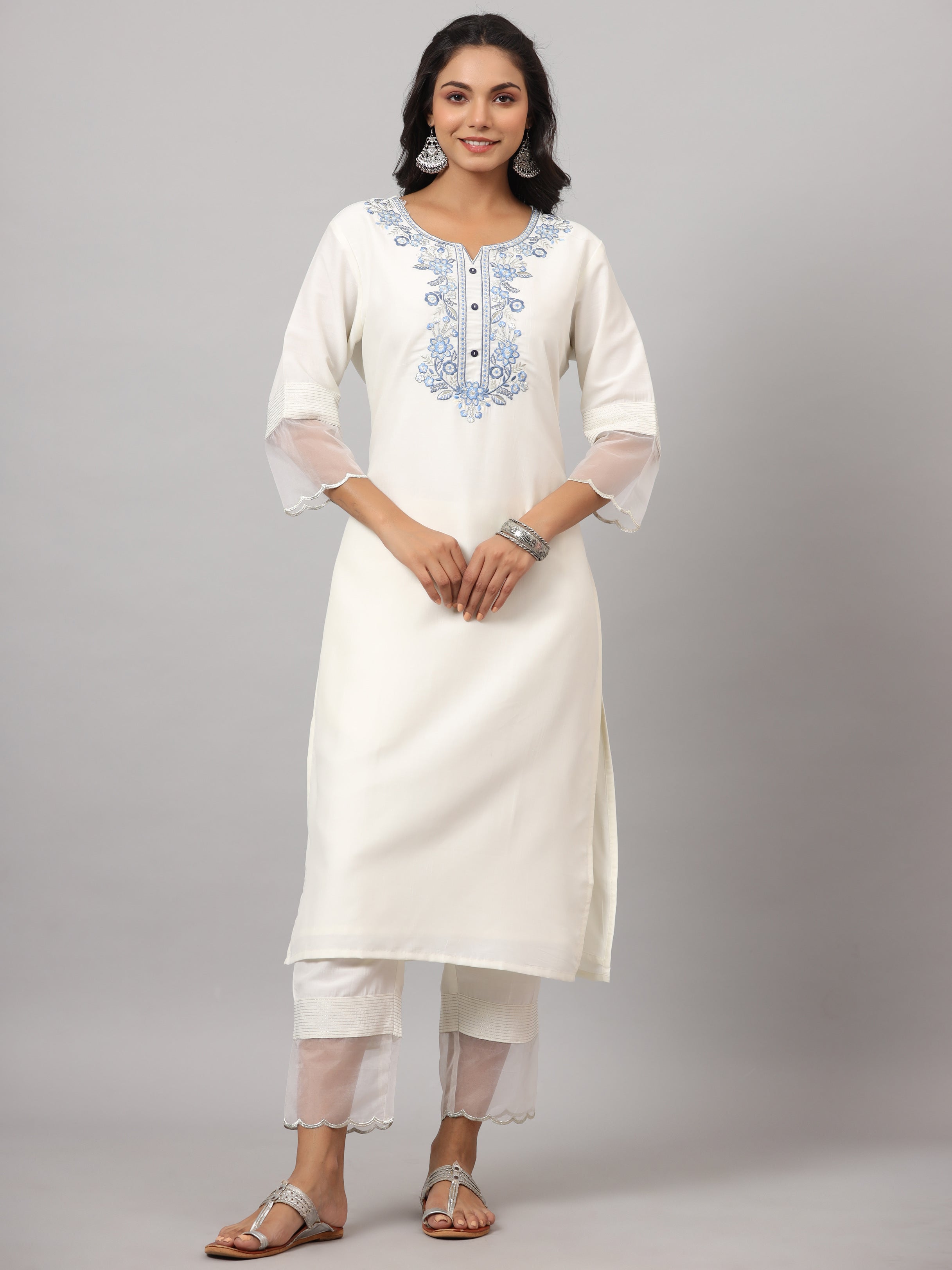 Juniper Women White Chinnon Solid Embroidered Kurta Set