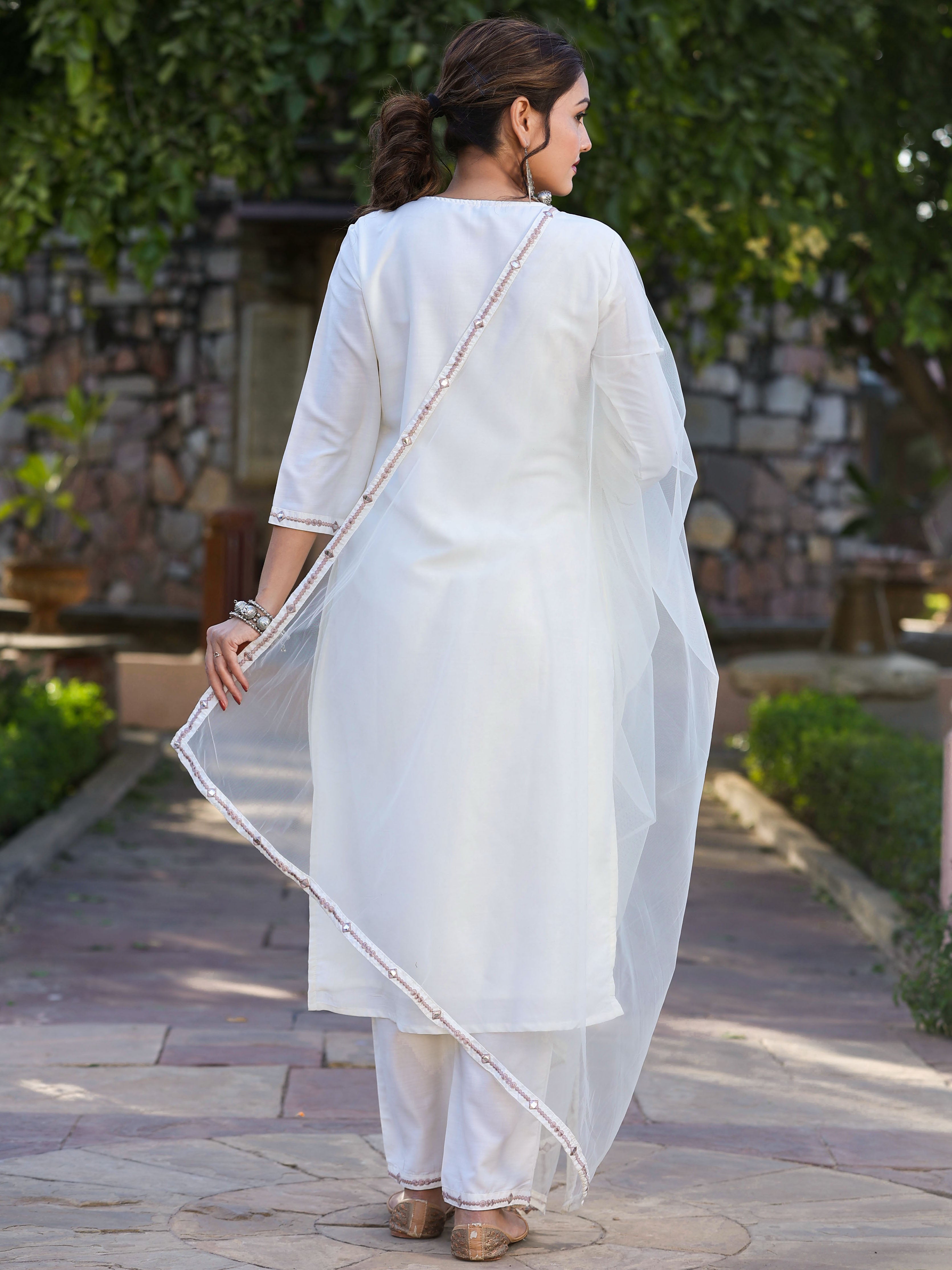Juniper Women’s Off-White Chinnon Embroidered Kurta Pant Dupatta Set