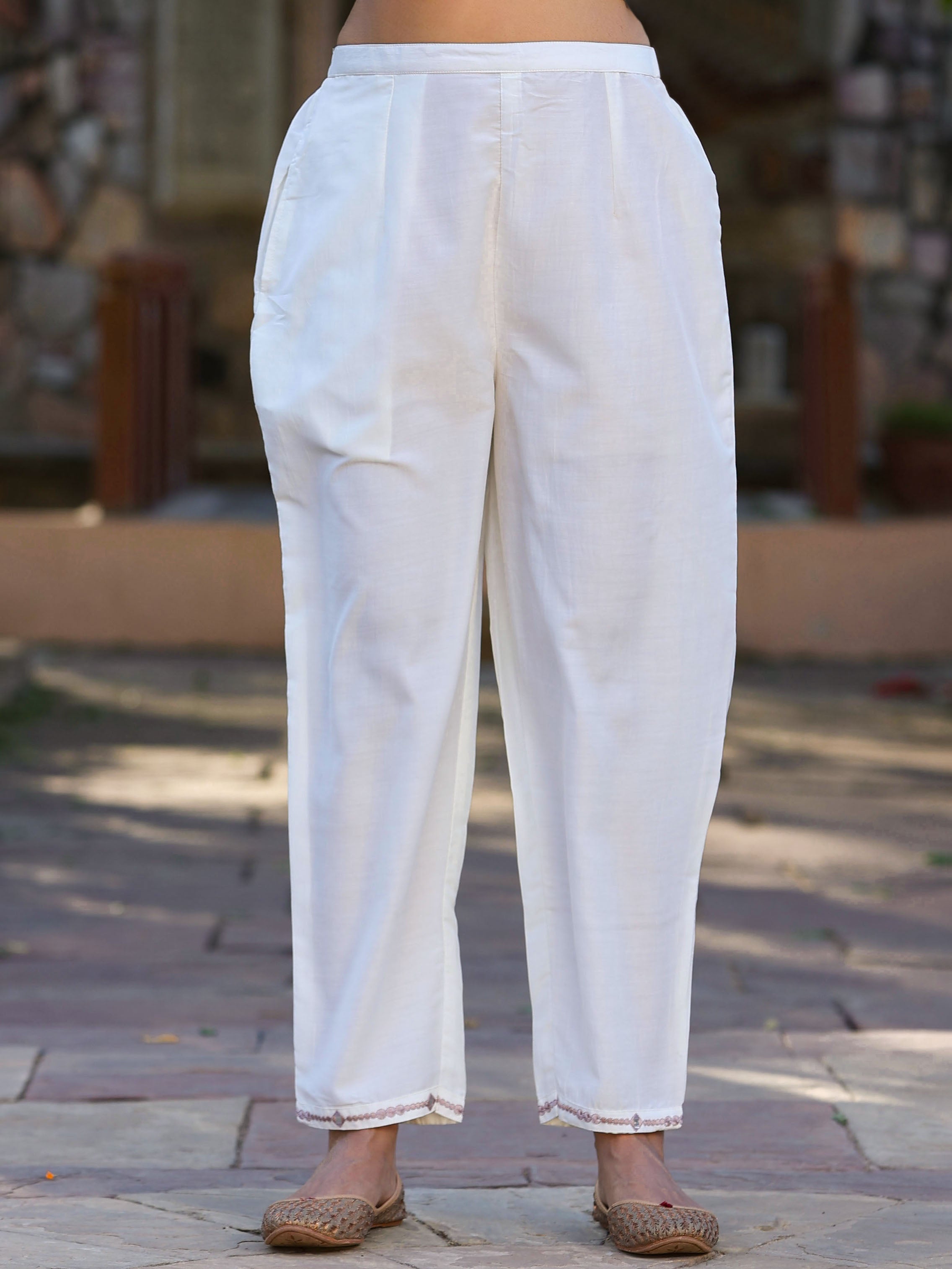 Juniper Women’s Off-White Chinnon Embroidered Kurta Pant Dupatta Set