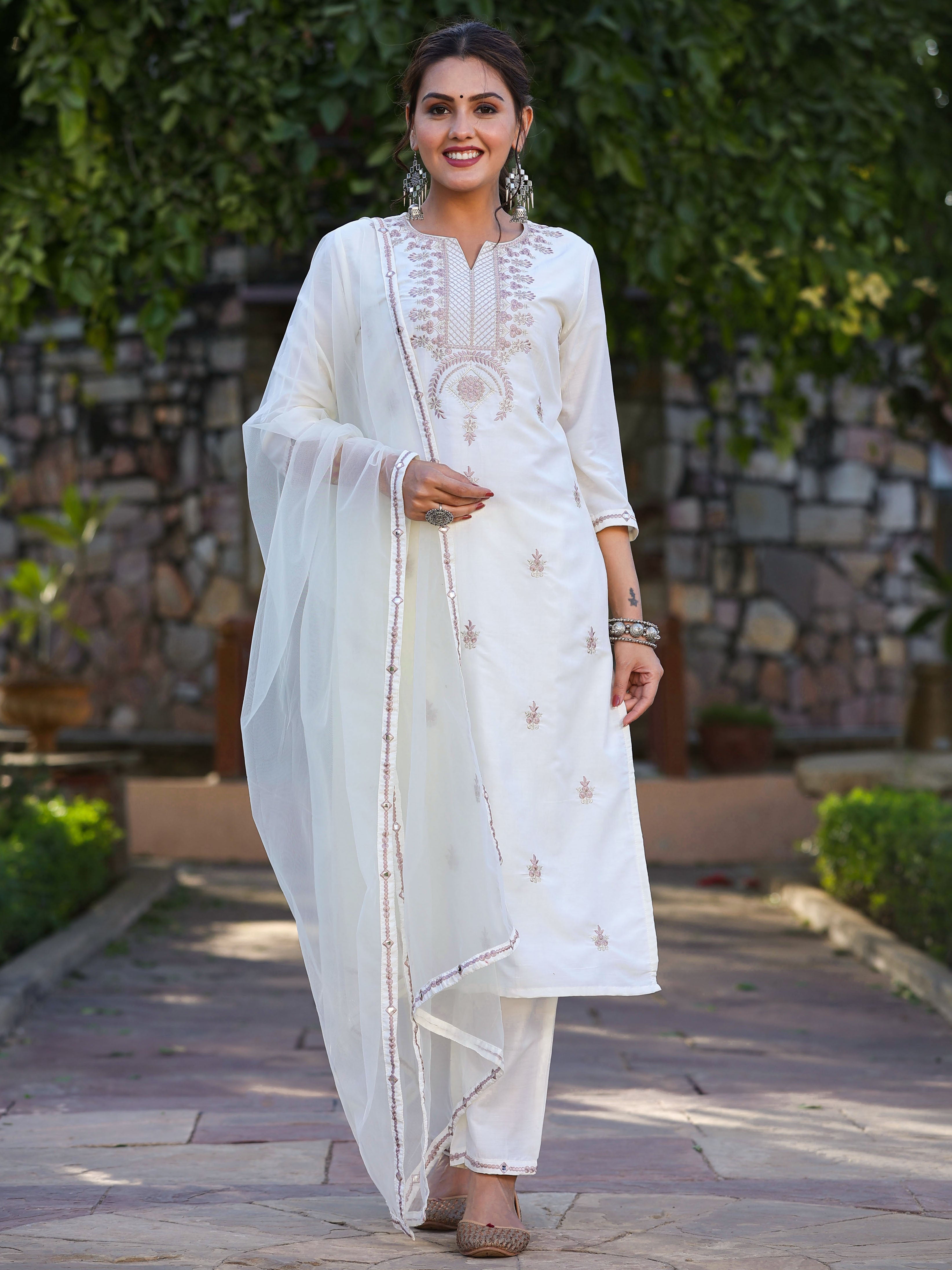 Juniper Women’s Off-White Chinnon Embroidered Kurta Pant Dupatta Set