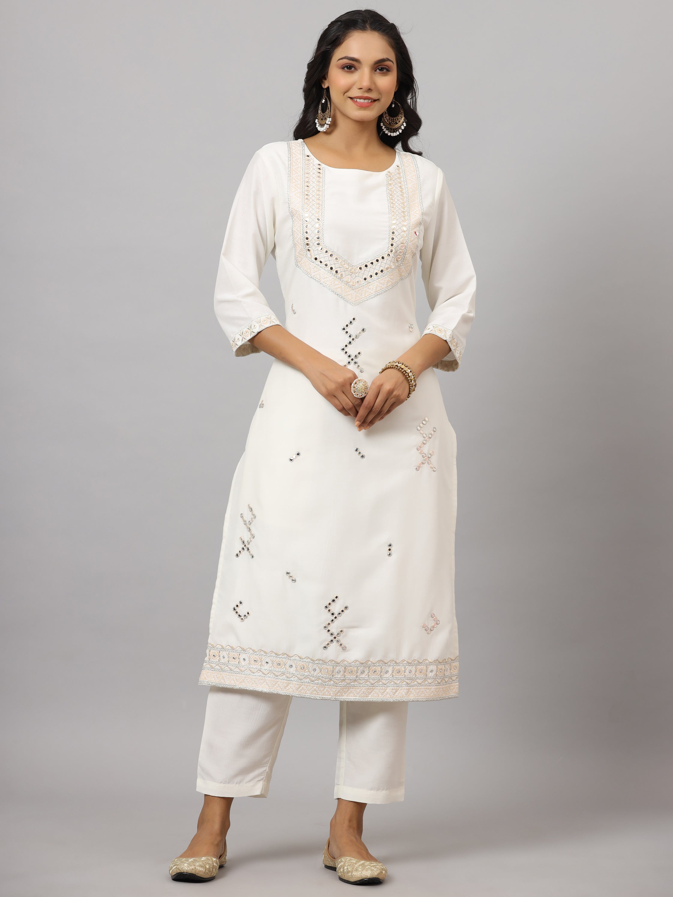 Juniper Women White Chinnon Solid Embroidered Kurta Set