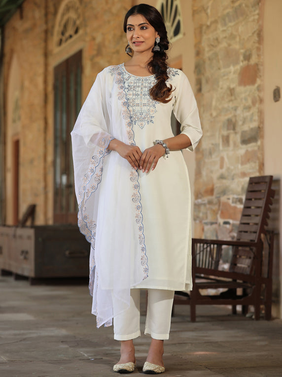 Juniper Women White Chinnon Solid Embroidered Kurta Set