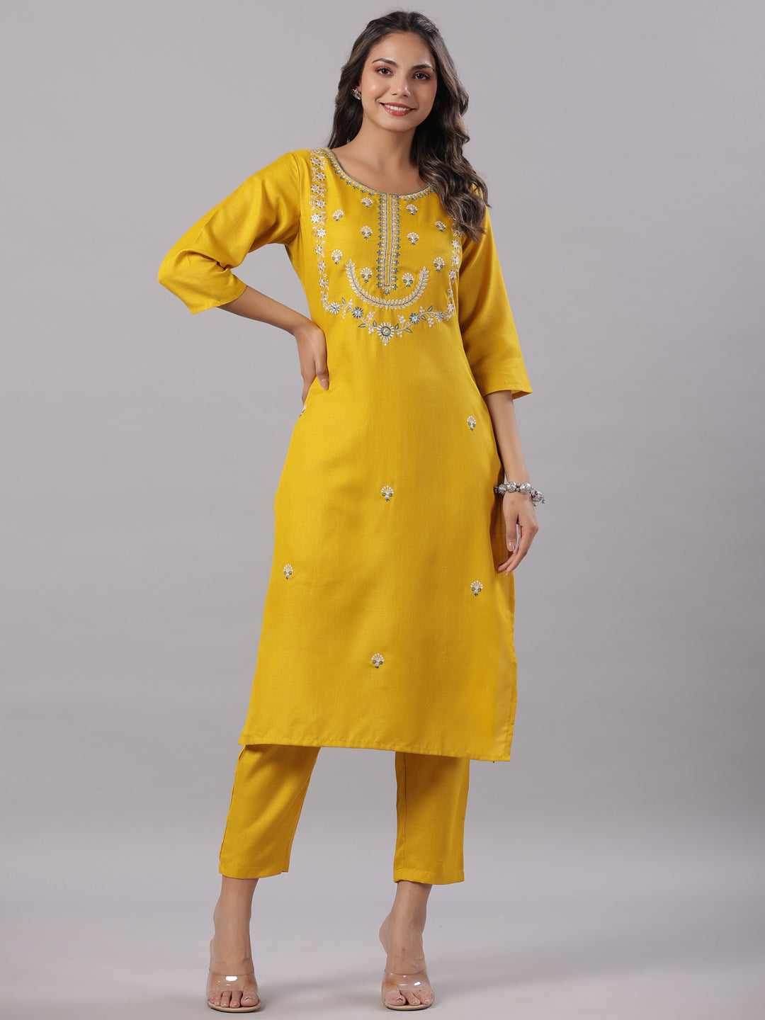 Juniper Women’s Mustard Silk Zari Embroidered Kurta Pant Dupatta Set