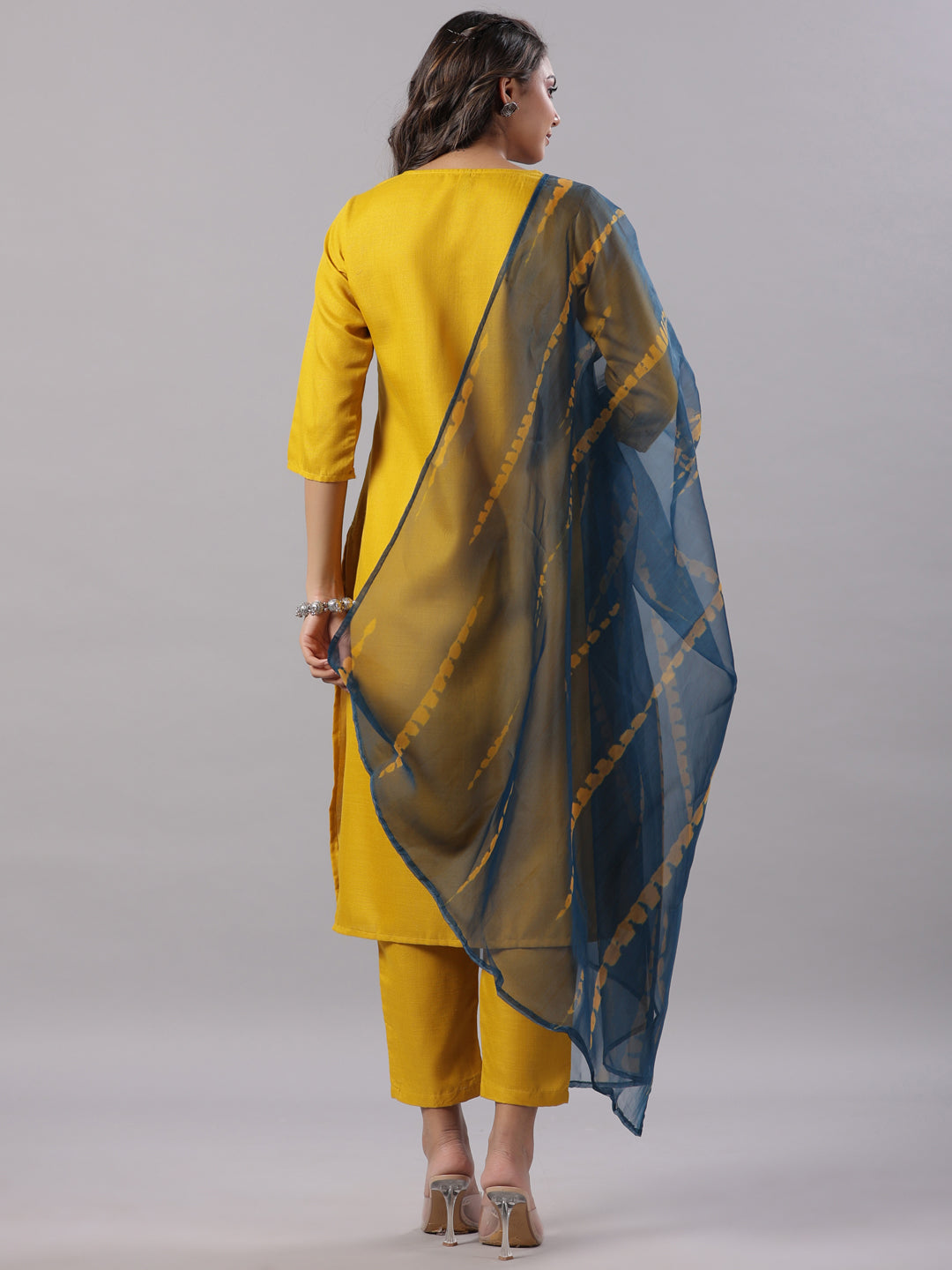 Juniper Women’s Mustard Silk Zari Embroidered Kurta Pant Dupatta Set