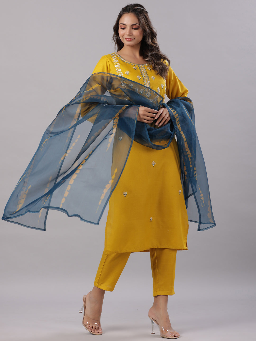 Juniper Women’s Mustard Silk Zari Embroidered Kurta Pant Dupatta Set