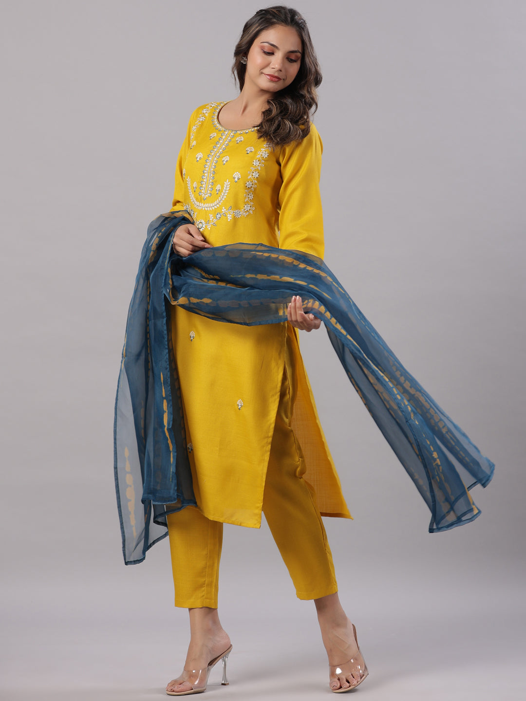 Juniper Women’s Mustard Silk Zari Embroidered Kurta Pant Dupatta Set