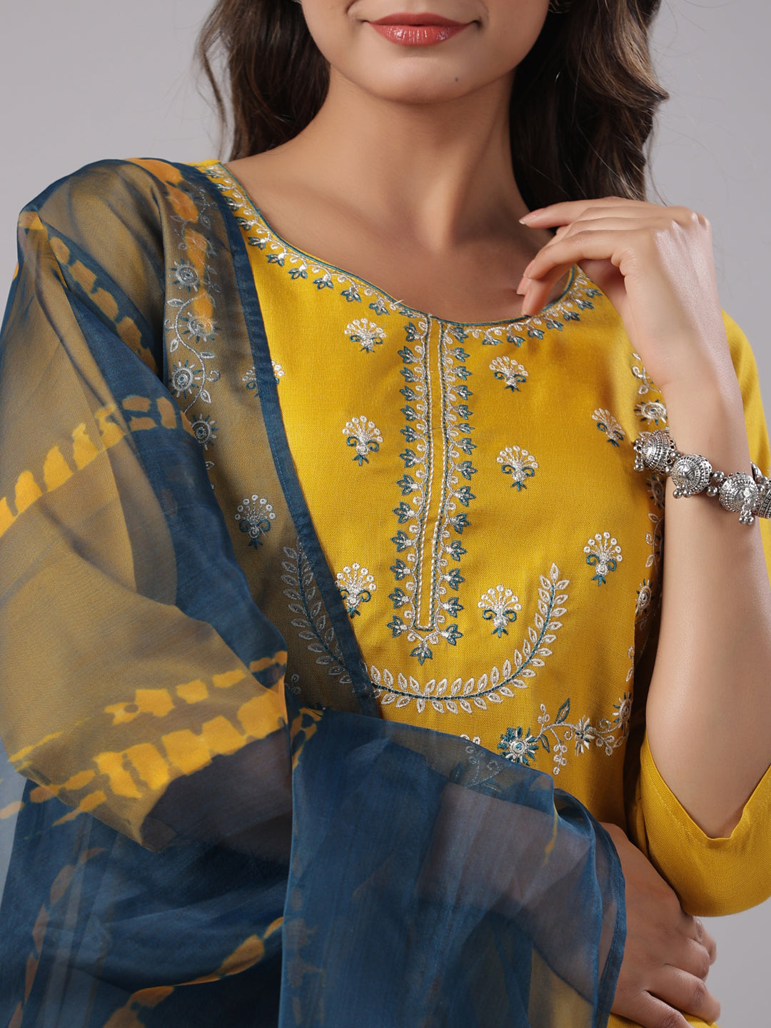 Juniper Women’s Mustard Silk Zari Embroidered Kurta Pant Dupatta Set