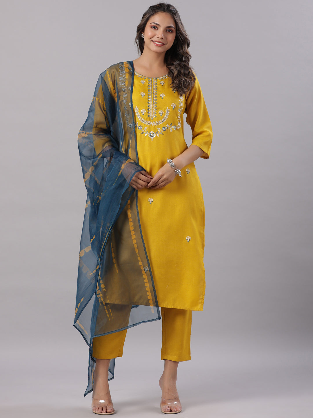 Juniper Women’s Mustard Silk Zari Embroidered Kurta Pant Dupatta Set