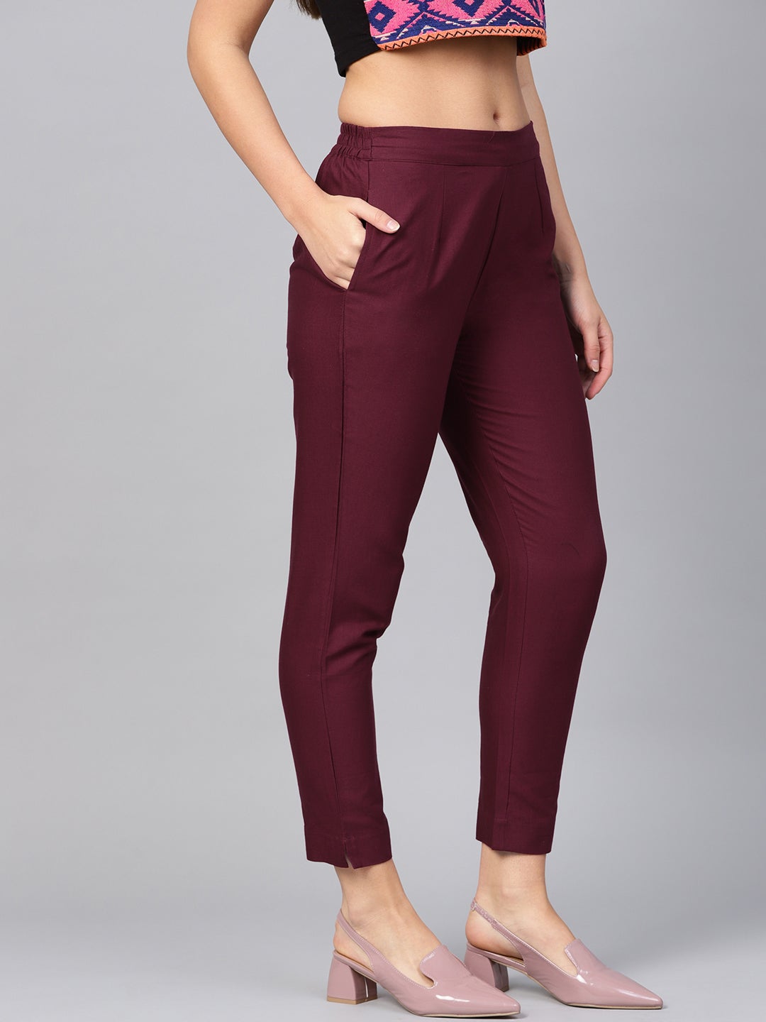 Burgundy Cotton Solid Straight Pants