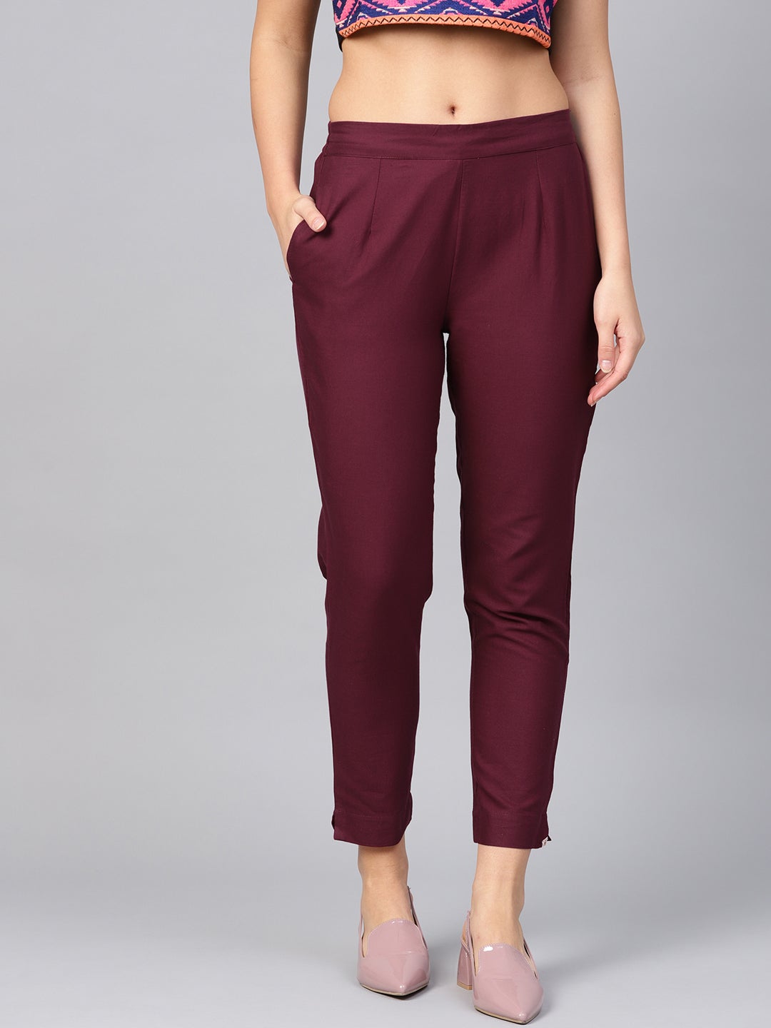 Juniper Burgundy Solid Cotton Flex Slim Fit Women Pants With Two Pockets
