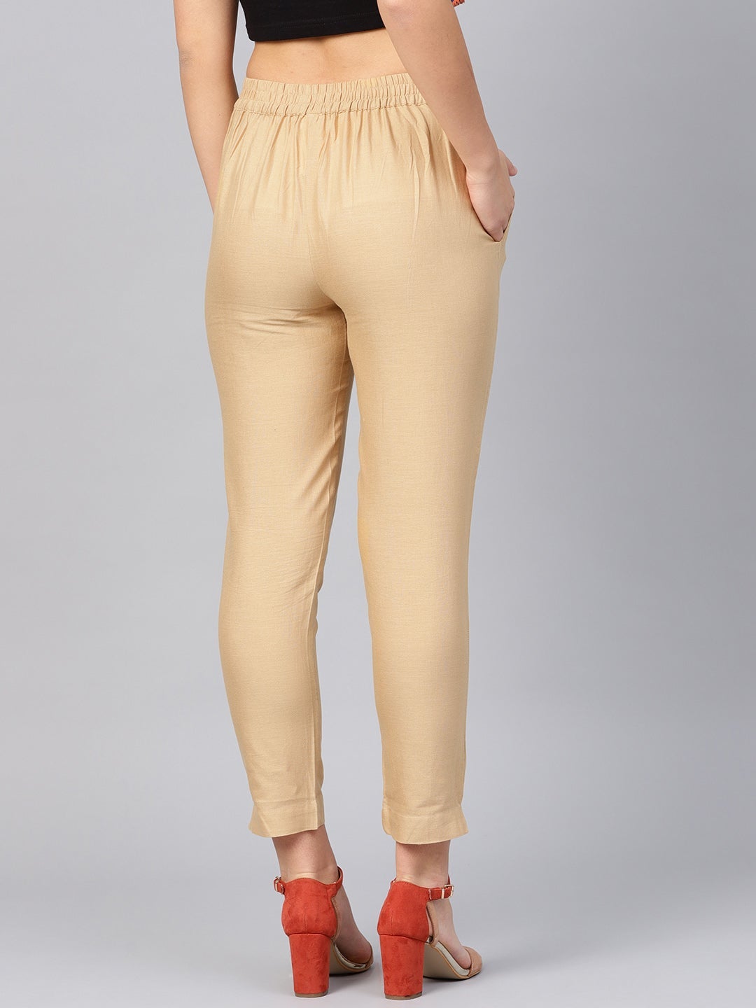 Gold Cotton Solid Straight Pants
